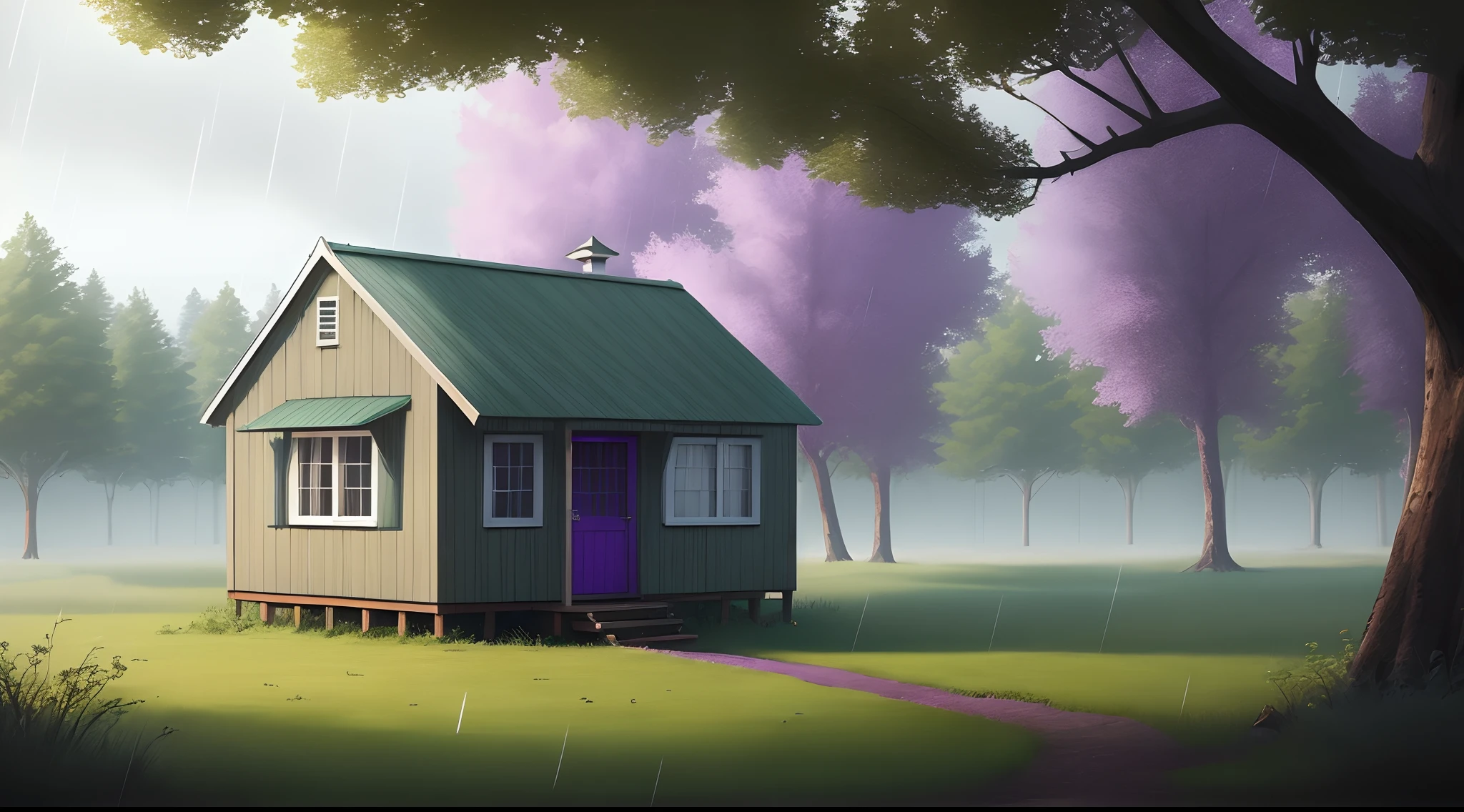 Shack in woods raining purple gradient
