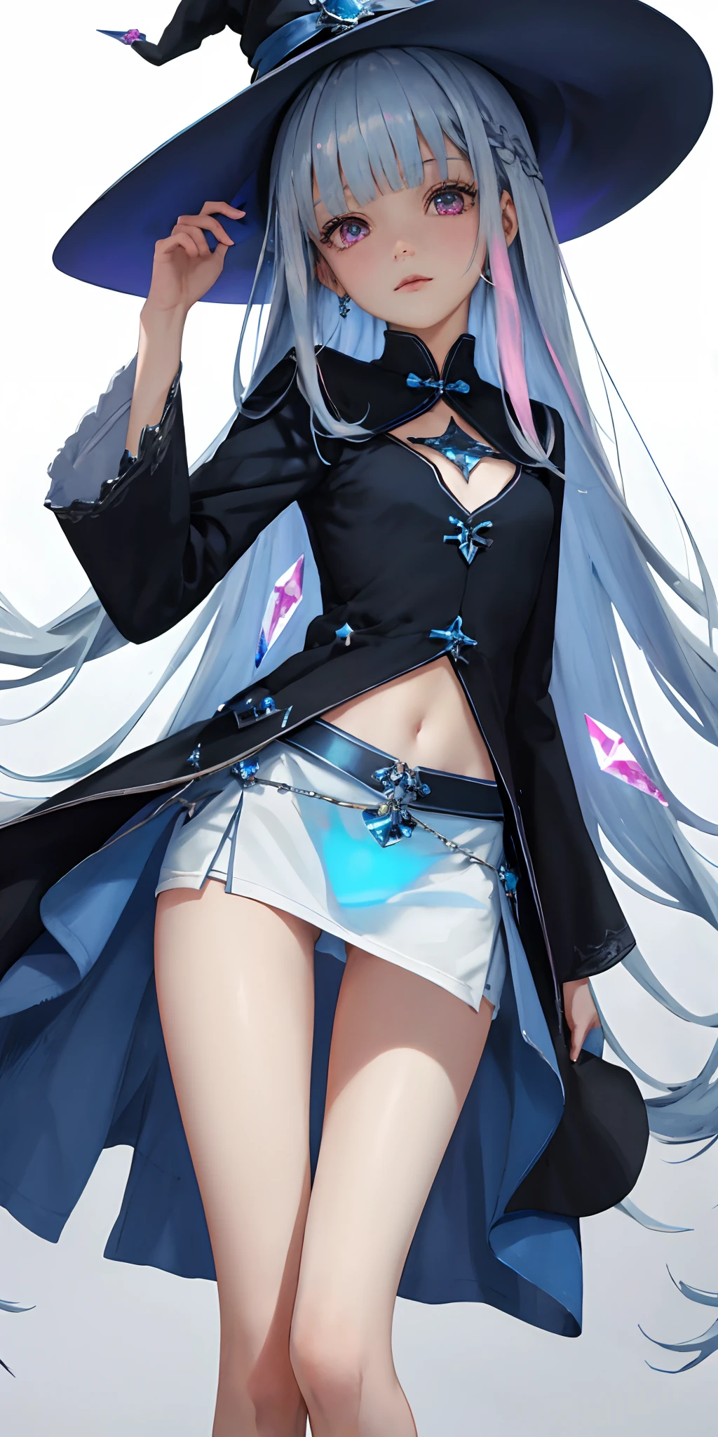 Blue Themes, Masterpiece, magical little girl, (Impossible clothes:1.5), Superskirt, Gradient background, Silver blue hair, , Blunt bangs,side locks, Pink eyes, (ulzang-6500-v1.1:0.9), Medium breasts, Breasts, thigh gap, hair adornments, Arched back, black_witch_Hat,Intricate_decor,mistic_The fountain,Glowing_crystals