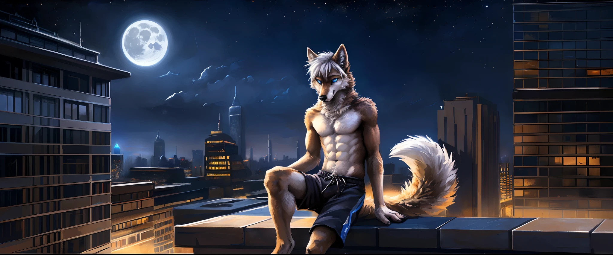 ((Solo)), male people, anthro wolf, (Multi-colored fur, White-brown:1.3, White tail pointed), ((Wolf face, White hair, Big eyes, White eyelids, Blue pupil, Slim:1.2) (Tough, Calm expression:1.2)), Abs, Slim, pinging)), (Correct body anatomy), (Work shorts:1.1), The upper body is naked, (detailed outfits),A big tail，Feet，Long legs，(Realistic fur, Detailed fur texture, labeled:1.3)), (Natural lighting), Photorealistic, Hyperrealistic, ultradetailed, by Kenket，In the modern city，Roof roof，the night，Sit alone，Look at the full moon，It was dark，Starry