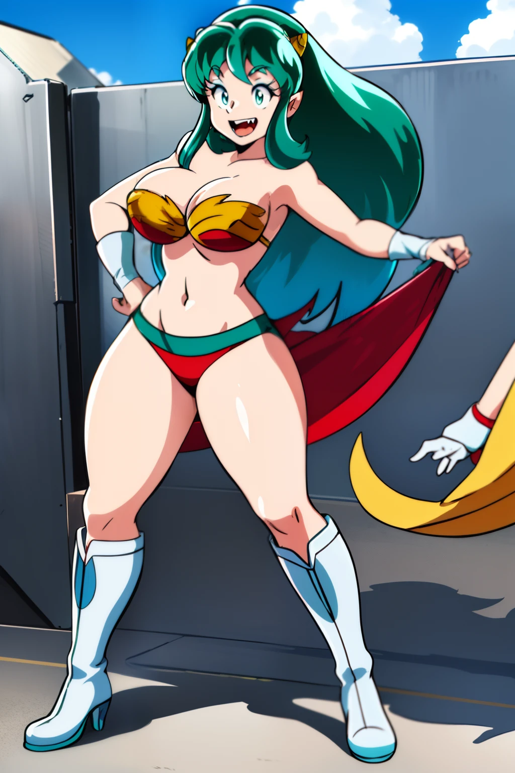 lum, superhero costume,, standing,, boots, oni, smile,, full body, sentai, bikini, horns, curvy, big breast, open mouth teeths, fangs