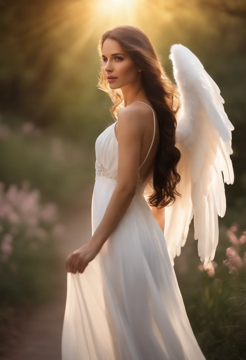 (best quality,highres),an angel in front of a solitary brunette woman walking on a road,detailed angel wings,beautiful detailed face,long wavy black hair,angelic appearance,long flowing white gown,gentle and serene expression,sparkling blue eyes,soft pink lips,peaceful atmosphere,holy light illuminating the scene,subtle rays of sunlight filtering through the trees,scenic countryside backdrop,lush greenery along the road,vibrant flowers in full bloom,feeling of tranquility and serenity in the air,illustration style with realistic details and vivid colors.