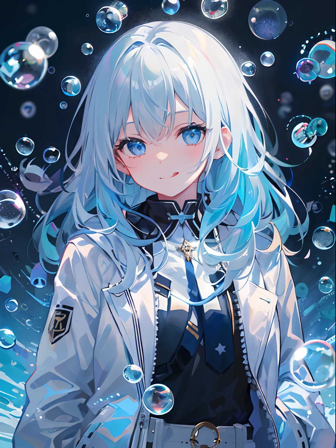 ((top-quality)), ((​masterpiece)), ((ultra-detailliert)), (extremely delicate and beautiful), girl with, 独奏, cold attitude,((Black jacket)),She is very(relax)with the(Settled down)Looks, depth of fields,evil smile,Bubble, under the water, Air bubble,bright light blue eyes,Inner color with light white hair and and light blue tips,Cold background,Bob Hair - Linear Art, shortpants、knee high socks、White uniform like school uniform、Light blue ribbon ties、Clothes are sheer、Hands in pockets、Bright eyes like sapphires,flourescent blue, There was a little blue light floating around、Upper eyes、stick out tongue