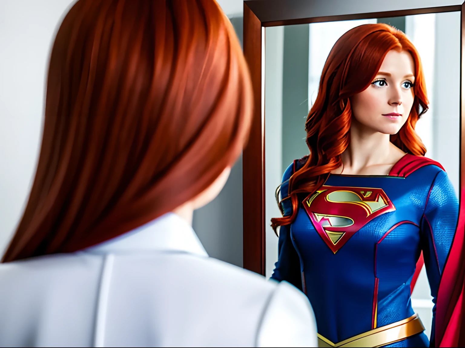 A redhaired woman looking into a mirror. She is wearing a business suit, her reflaction is wesring a supergirl costume