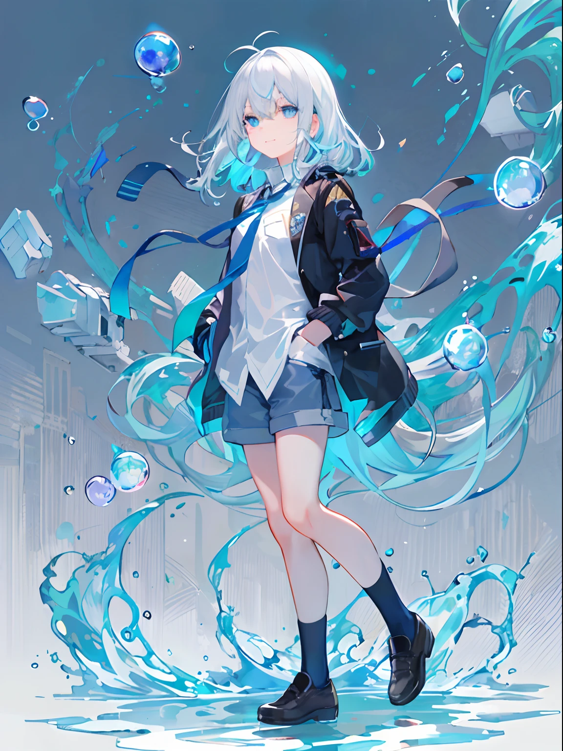 ((top-quality)), ((masterpiece)), ((ultra-detailliert)), (extremely delicate and beautiful), girl with, 独奏, cold attitude,((Black jacket)),She is very(relax)with the(Settled down)Looks,A dark-haired, depth of fields,evil smile,Bubble, under the water, Air bubble,bright light blue eyes,Inner color with light white hair and and light blue tips,Cold background,Bob Hair - Linear Art, shortpants、knee high socks、White uniform like school uniform、Light blue ribbon ties、Clothes are sheer、Hands in pockets、Bright eyes like sapphires,flourescent blue, There was a little blue light floating around、Upper eyes、