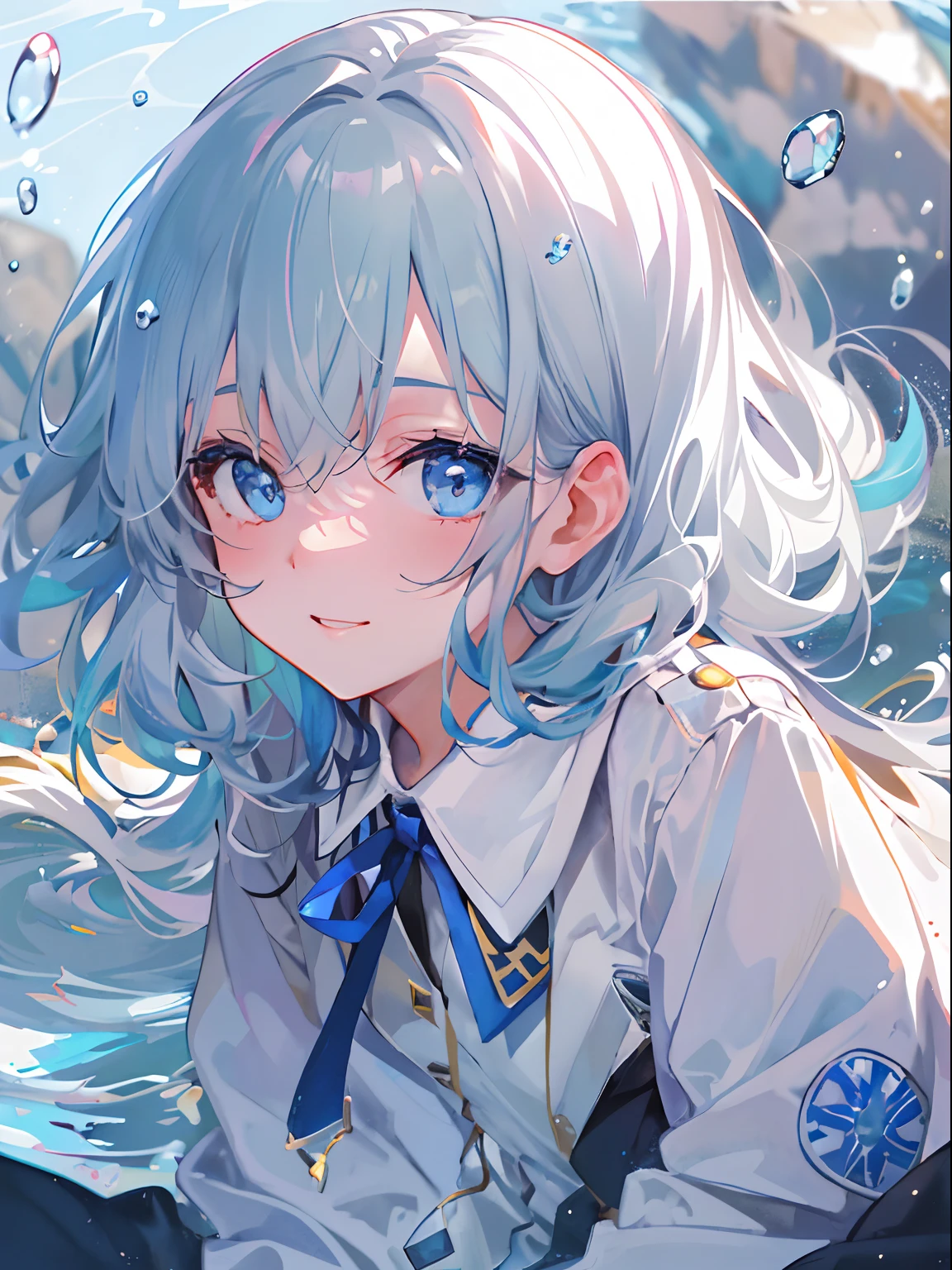 ((top-quality)), ((masterpiece)), ((ultra-detailliert)), (extremely delicate and beautiful), girl with, 独奏, cold attitude,((Black jacket)),She is very(relax)with the(Settled down)Looks,A dark-haired, depth of fields,evil smile,Bubble, under the water, Air bubble,bright light blue eyes,Inner color with light white hair and and light blue tips,Cold background,Bob Hair - Linear Art, shortpants、knee high socks、White uniform like school uniform、Light blue ribbon ties、Clothes are sheer、Hands in pockets、Bright eyes like sapphires,flourescent blue, There was a little blue light floating around、Upper eyes、