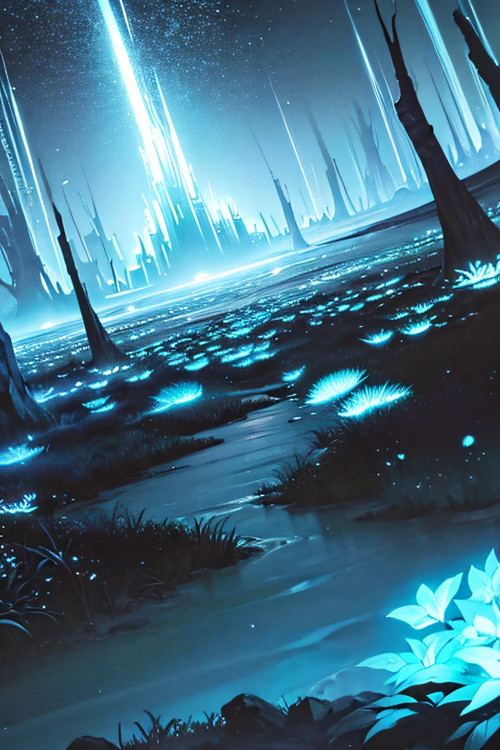 Alien taiga full of bioluminescent plants, Otherworldly scenery, alien, avatar