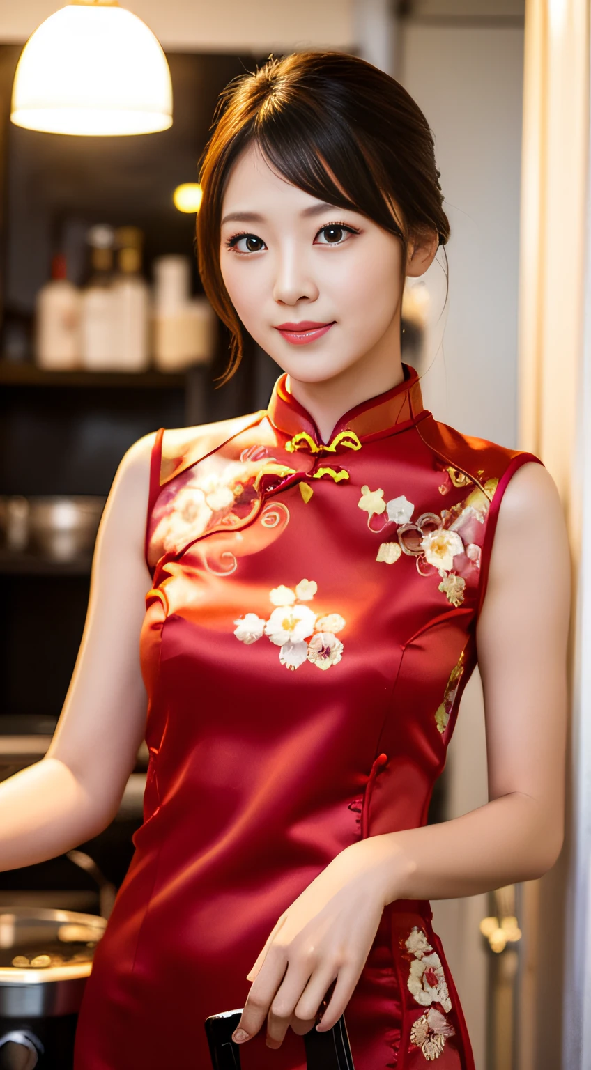 Girl playing mahjong,Mahjong table,Drawing cards,mahjong red,perfect body figure,on cheongsam,expose arms,looking toward the viewer,ssmile,Mahjong Hall