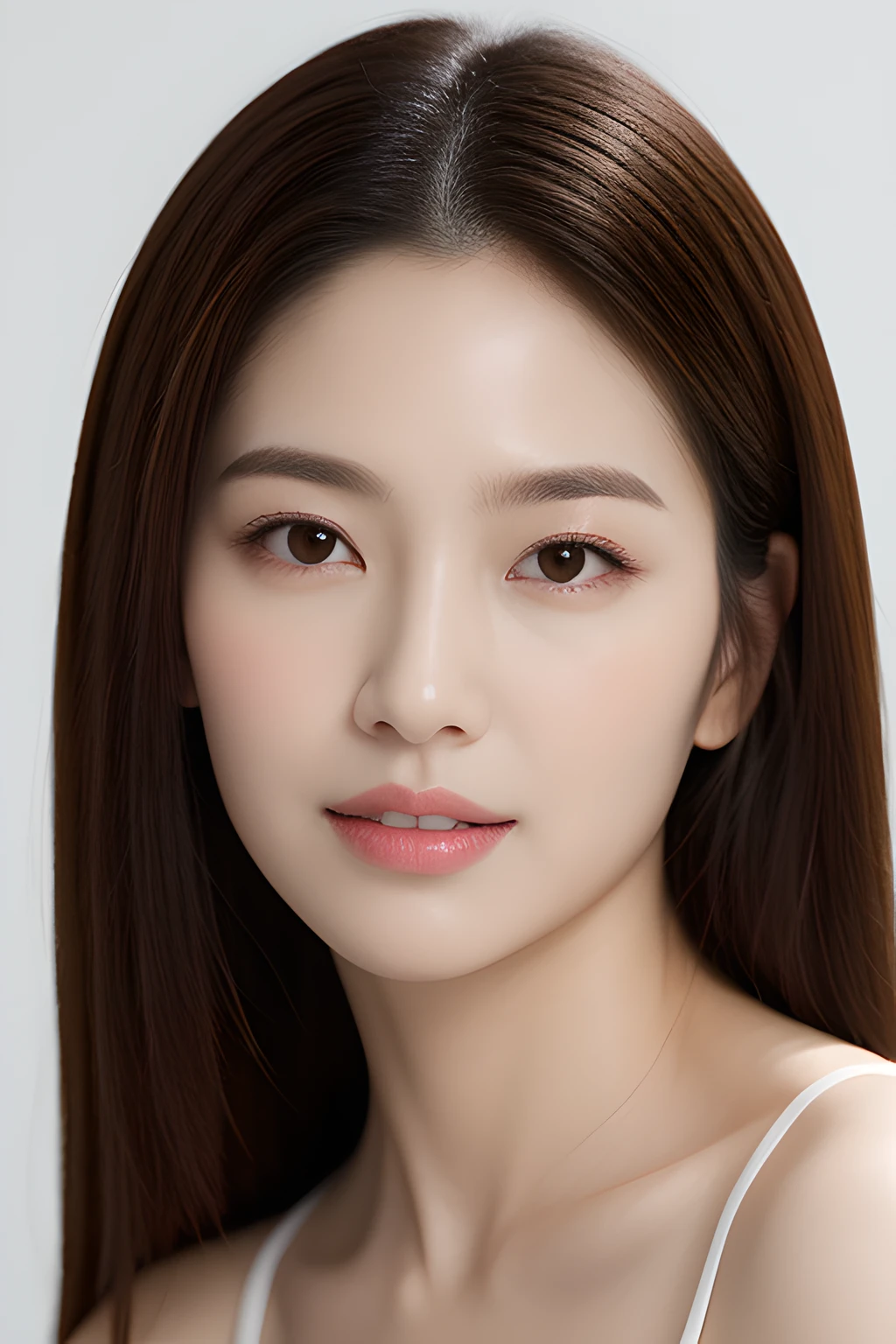 Featuring confident and radiant women, Generate AI art inspired by Korean cosmetics ads. Shown to chest level, Show off her flawless skin, Lively makeup, Focus on stylish hairstyles, Capture the essence of Korean beauty. Isolated from natural white background, Reflect beauty and fashion trends, Alfed Asian woman, Look at me diagonally, Skincare brand photos, Milky white skin, shiny skin,softness, Clean face and body skin, Radiant skin, Fan art, Yora, Foaming skin, beauty campaign, Official Product Pictures, Portrait shooting, yangjun chen, Beautiful face in white tones, Ethereal complexion(Close-up of the face:1.5)