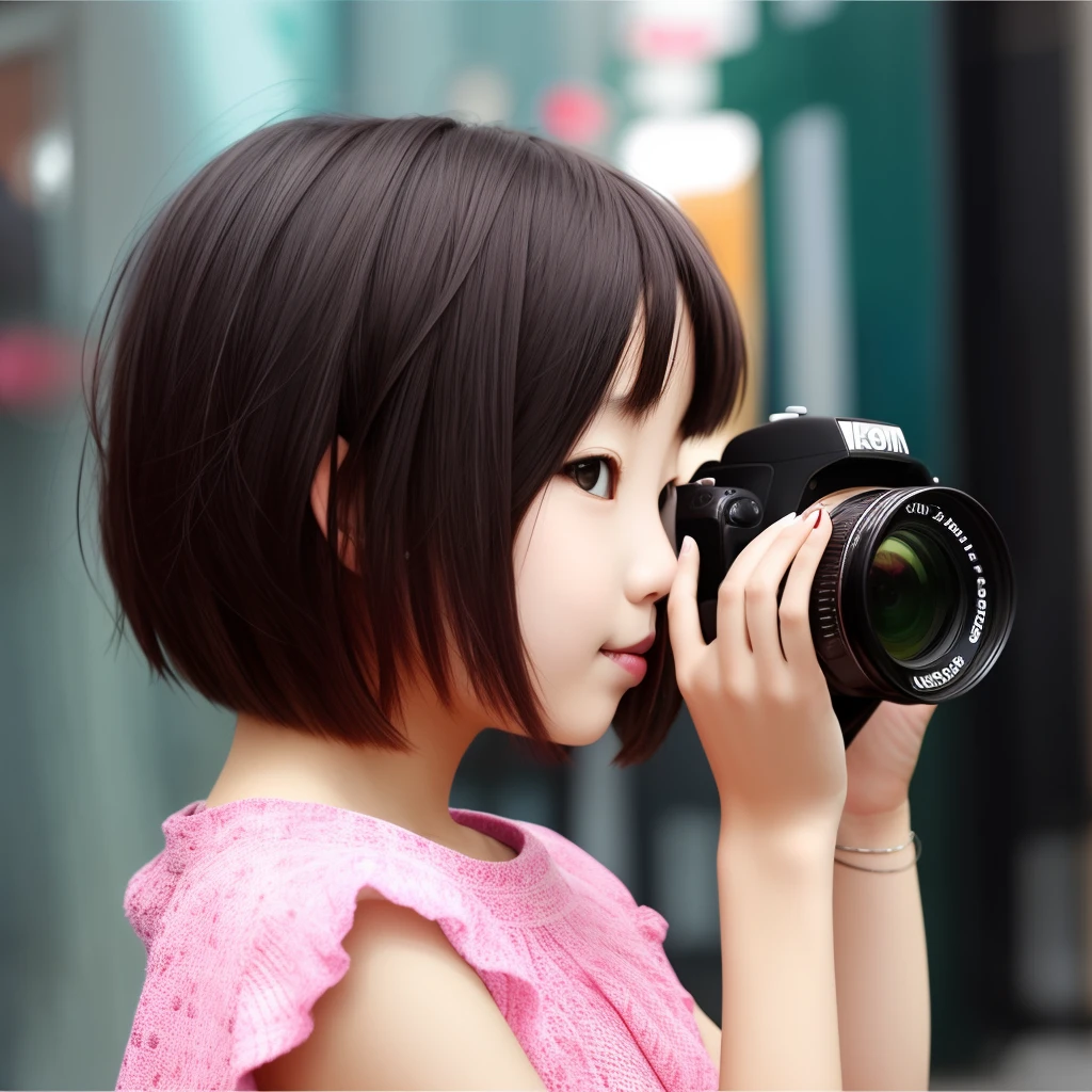 A cute girl with two-dimensional short hair is taking pictures