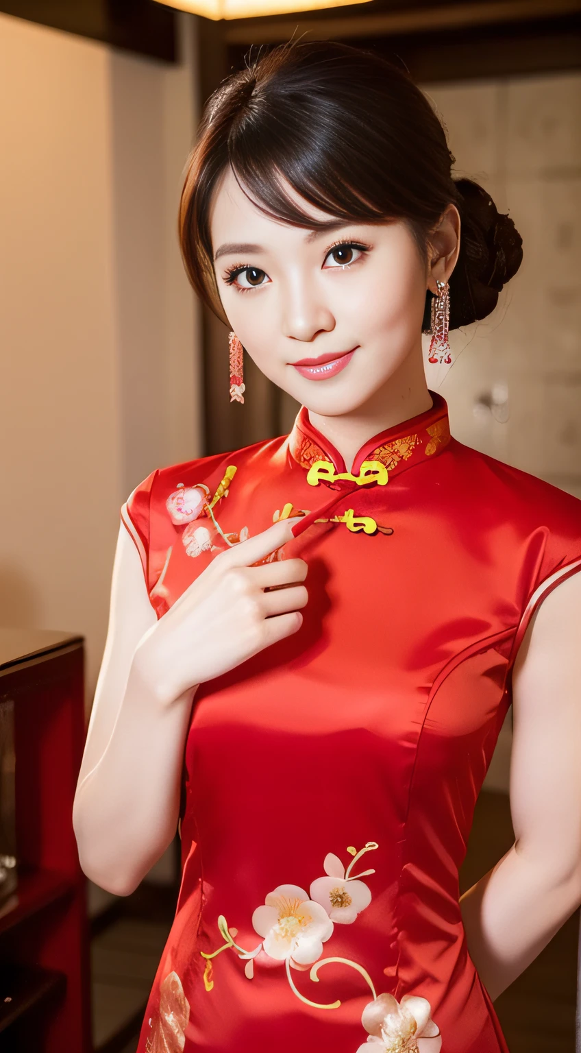Beautuful Women,Cook,Bright light,Woman in red cheongsam,Facing the camera squarely