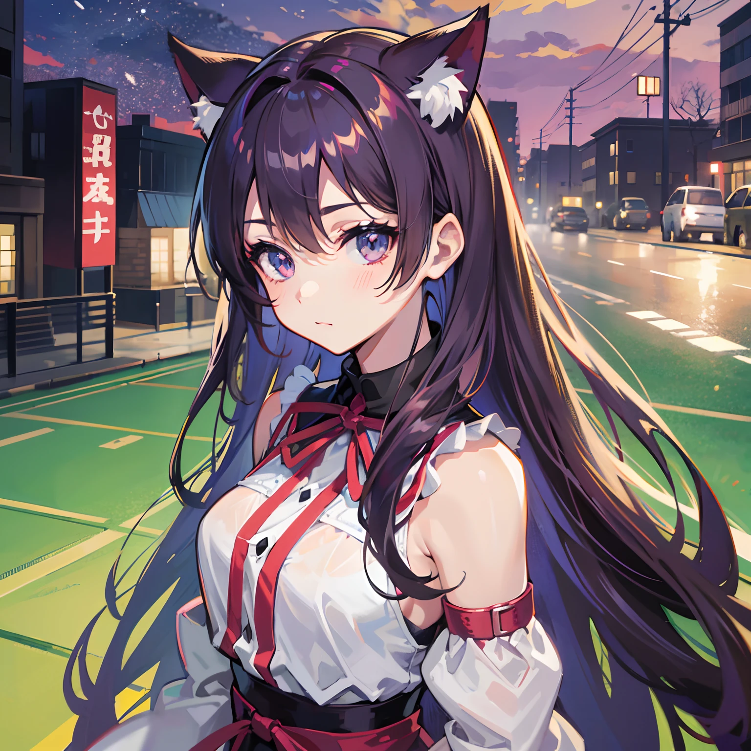 ((Best Quality, 8K)) Anime girl with long hair and cat ears standing in front of the city, Rin Tosaka, anime moe art style, anime style like Fate/stay night, anime girl with long hair, very cute anime girl face, nightcore, from the front line of girls, cute anime girl portrait, anime girl with cat ears, High quality anime art style, "beautiful anime woman", red little ribbon on head