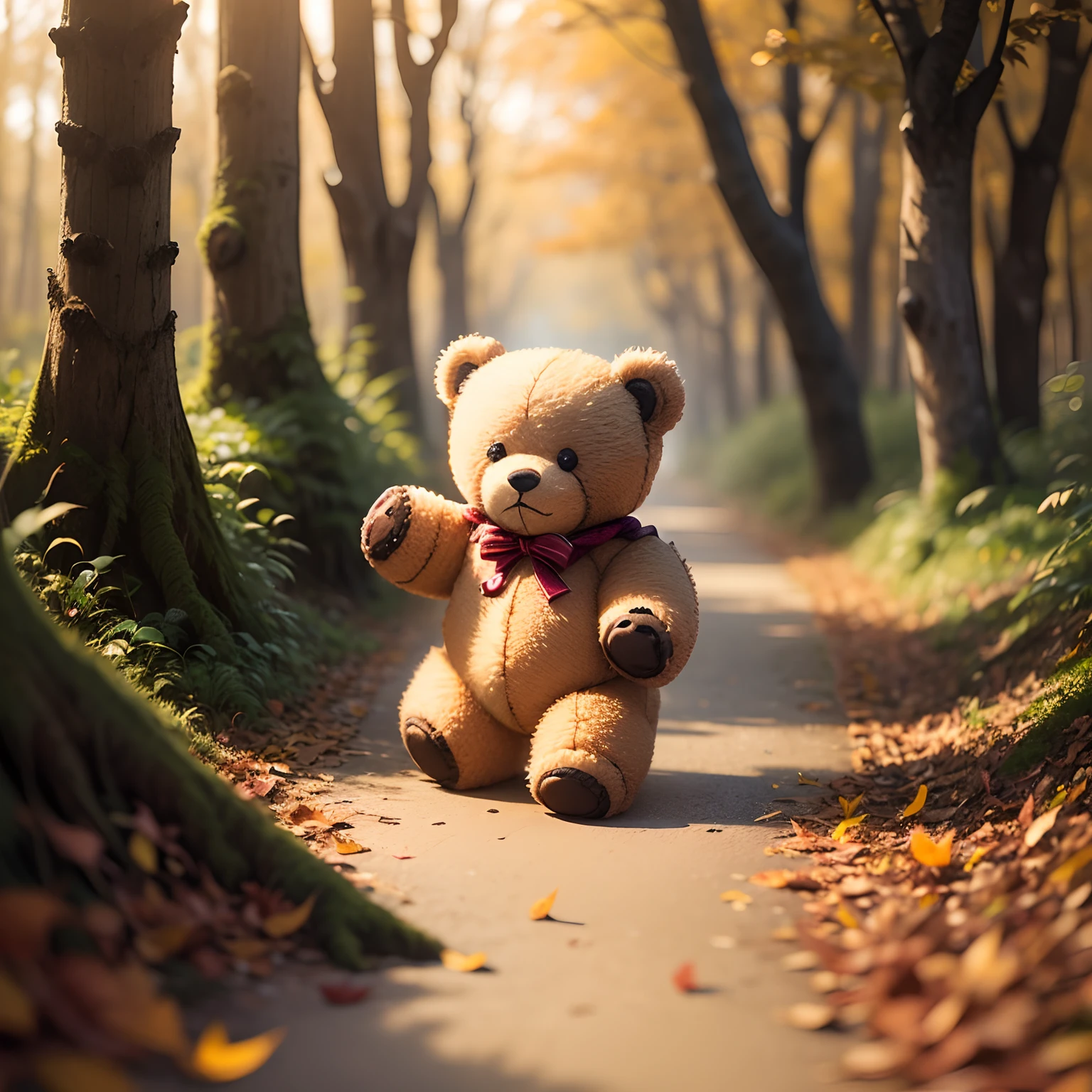 (Miniature teddy bears:1.3)、Beige boa fabric、Fairytale autumn forest、Jumping、独奏、