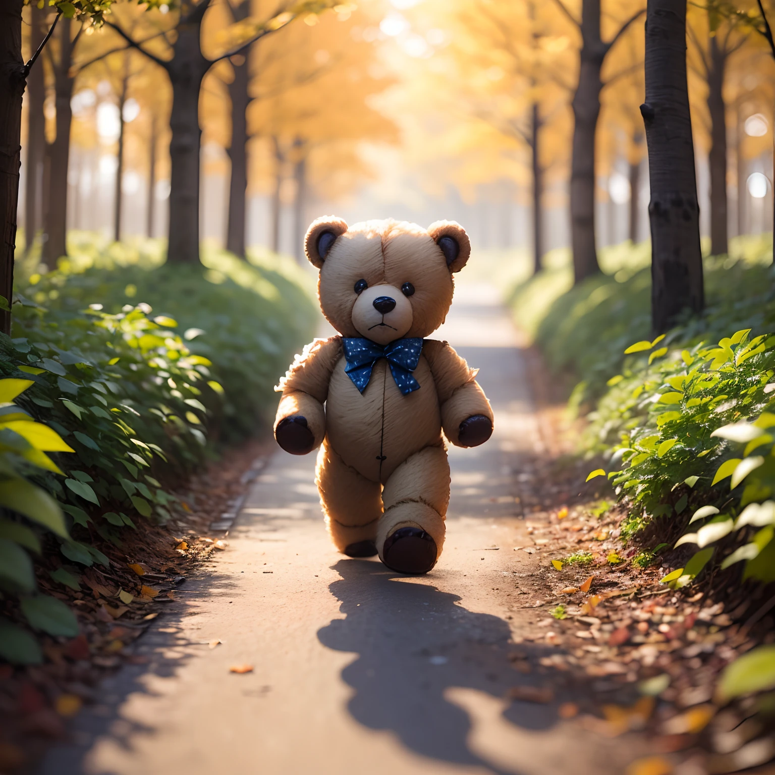 (Miniature Teddy Bear:1.3)、Beige boa fabric、Fairytale autumn forest、Running、独奏、