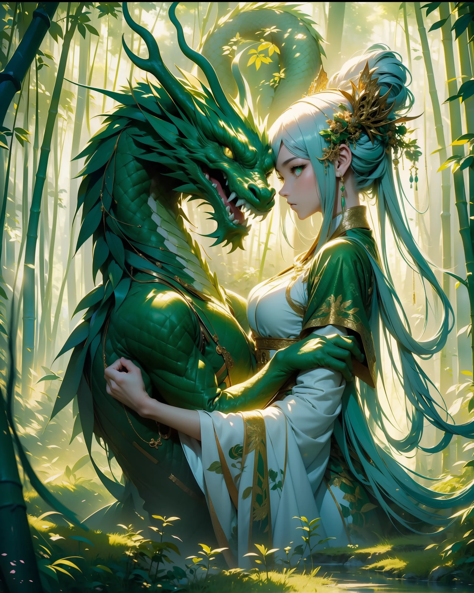 (masterpiece, top quality, best quality, official art, beautiful and aesthetic:1.2), 1girl and her Chinese Green Dragon, 1 girl, 1dragon, love, adoration, emotions, white and green color, Bamboo Forest background, UHD