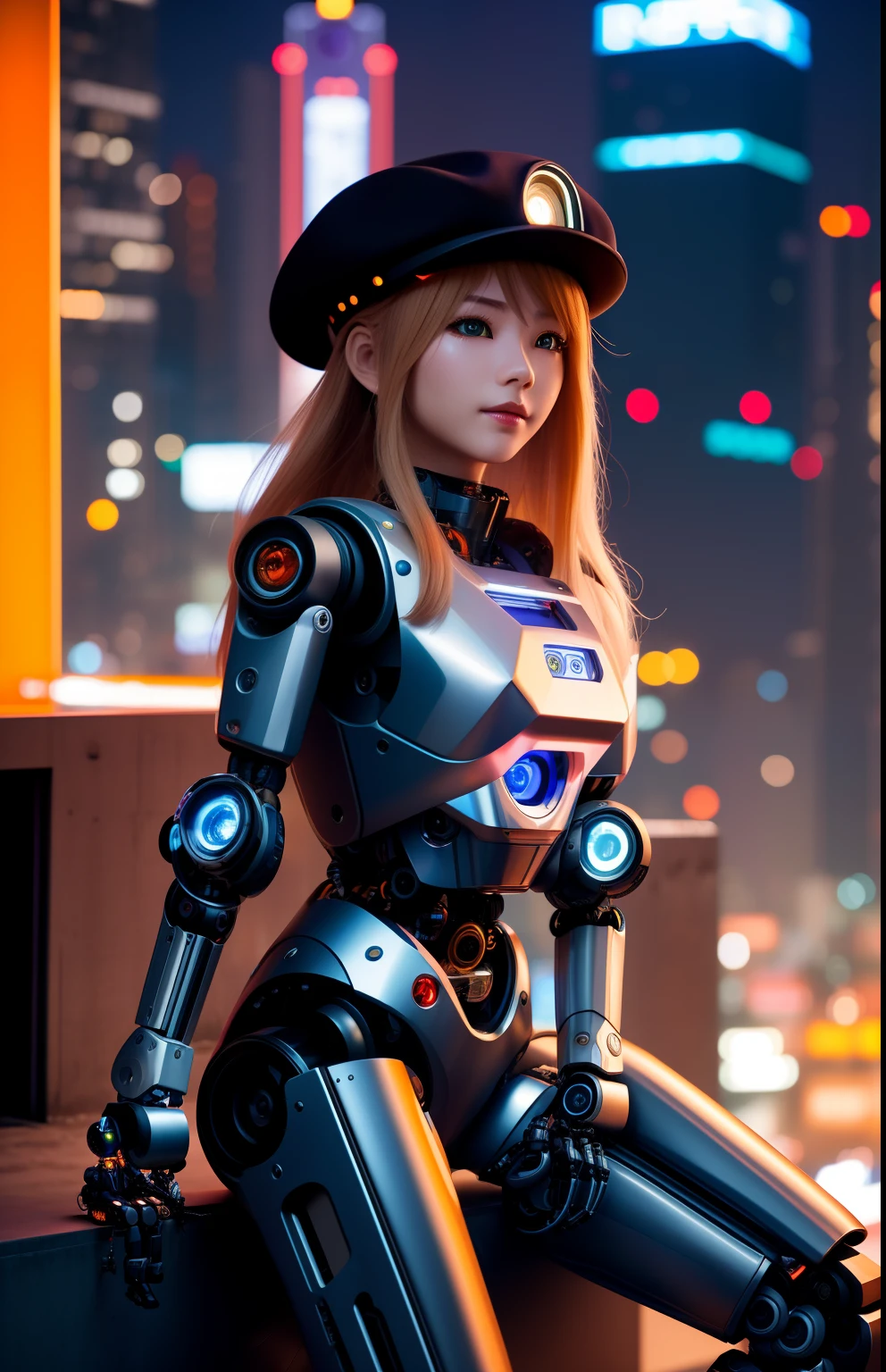 (masterpiece), best quality, detailed, looking at viewer, (robotic girl sitting:1.3), mechanical, (cyberpunk city in background), beret, orange eyes, silver long hair, sigma 135mm lens, cowboy shot, night, from above, realistic,