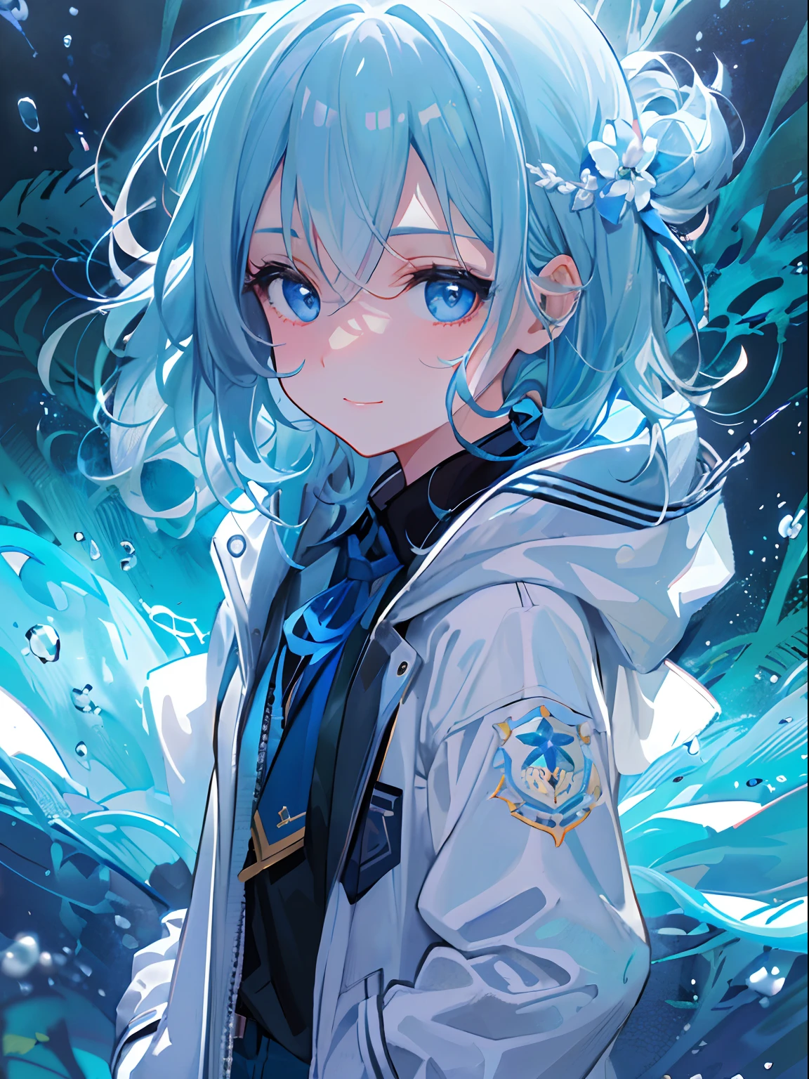((top-quality)), ((masterpiece)), ((ultra-detailliert)), (extremely delicate and beautiful), girl with, 独奏, cold attitude,((Black jacket)),She is very(relax)with the(Settled down)Looks,A dark-haired, depth of fields,evil smile,Bubble, under the water, Air bubble,bright light blue eyes,Inner color with light white hair and and light blue tips,Cold background,Bob Hair - Linear Art, shortpants、knee high socks、White uniform like school uniform、Light blue ribbon ties、Clothes are sheer、Hands in pockets、Bright eyes like sapphires,flourescent blue, There was a little blue light floating around、Upper eyes、
