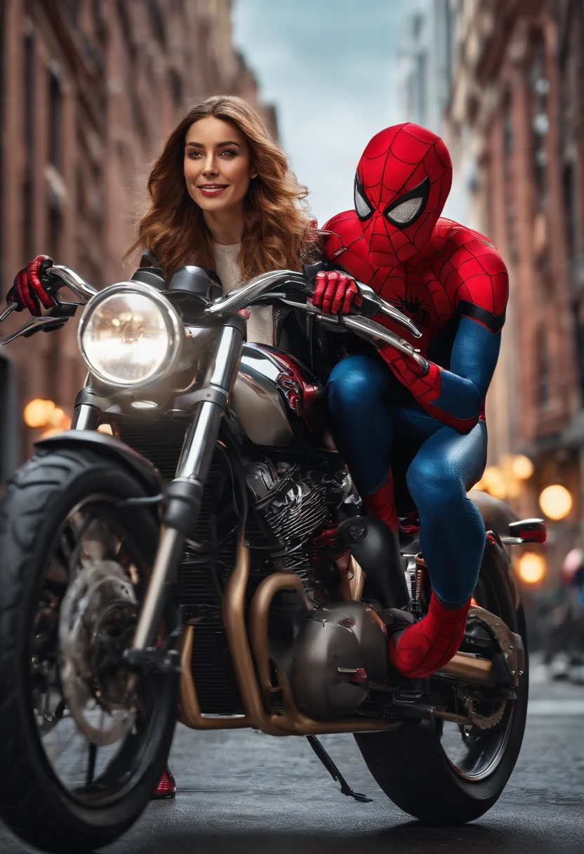 Spider man riding bike together her girlfriend, hd realistic, 8k, ultra high resolution images