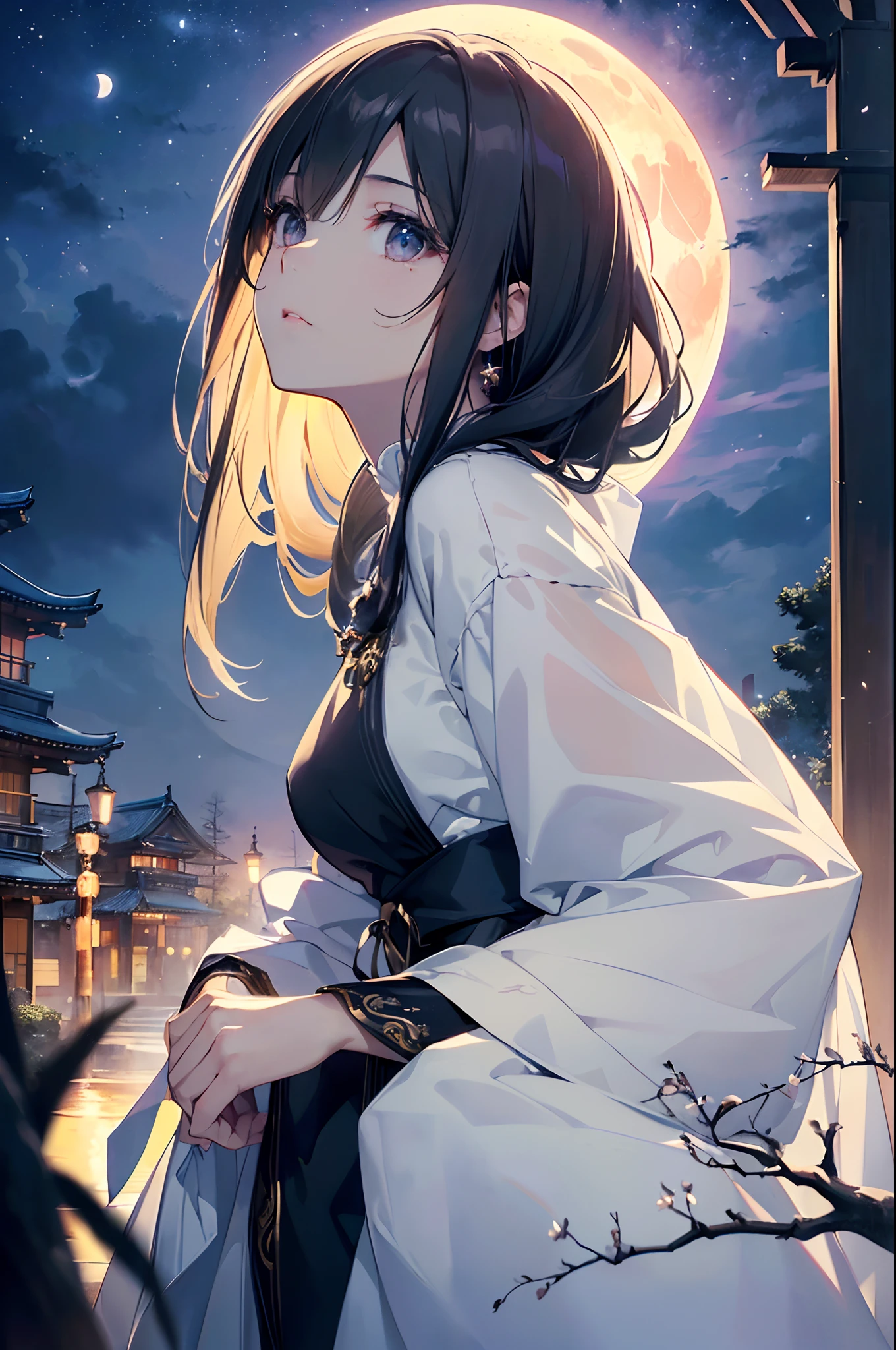 (Official art、Best Quality、Unity 8k Wallpapers、32K、​masterpiece、ultra-detailliert、超A high resolution、realisitic、Photorealsitic:1.2)、(Cinematic lighting:1.2)、Fireglow effect、film grains、Best Shadows、Rim lighting、side lights、(Ultra-detailed and complex 3D rendering)、Detailed beautiful face and eyes、A slender、Medium bust、(Full body:1.2)、(sideshot、Looking up at the moon、Looking away:1.2)、(Mystical、moonlights)、Highly detailed background、beauitful face、blurry backround、a beauty girl、(super detailed skin、detailed skin textures:1.3)、Japan garden、cowboy  shot、Sit on the porch、One full moon in the sky、Moon、dumpling、