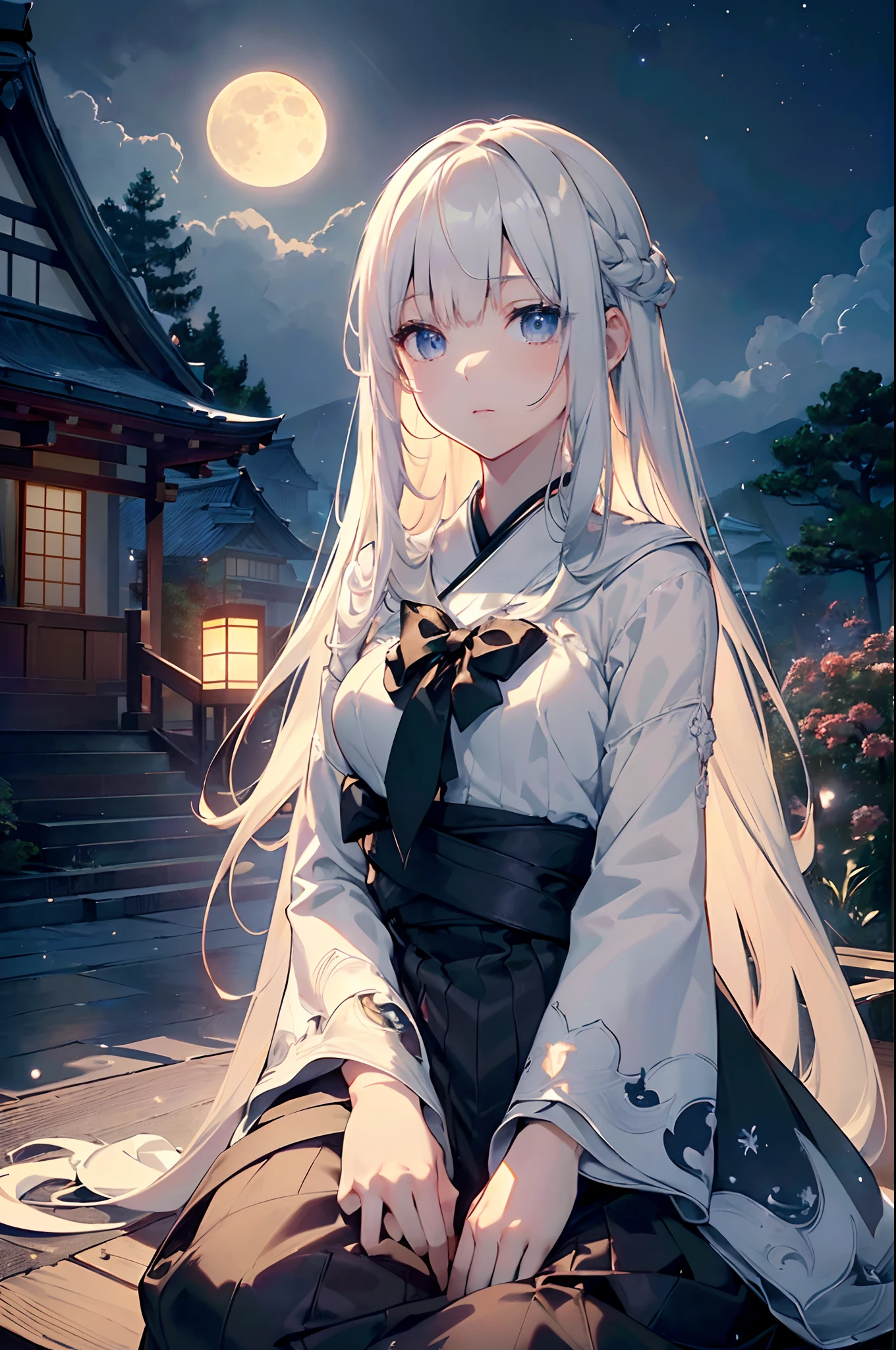 (Official art、Best Quality、Unity 8k Wallpapers、32K、masterpiece、ultra-detailliert、超A high resolution、realisitic、Photorealsitic:1.2)、(Cinematic lighting:1.2)、Fireglow effect、film grains、Best Shadows、Rim lighting、side lights、(Ultra-detailed and complex 3D rendering)、Detailed beautiful face and eyes、A slender、Medium bust、(Full body:1.2)、(sideshot、Looking up at the moon、Looking away:1.2)、(Mystical、moonlights)、Highly detailed background、beauitful face、blurry backround、a beauty girl、(super detailed skin、detailed skin textures:1.3)、Japan garden、cowboy shot、Sit on the porch、One full moon in the sky、Moon、dumpling、