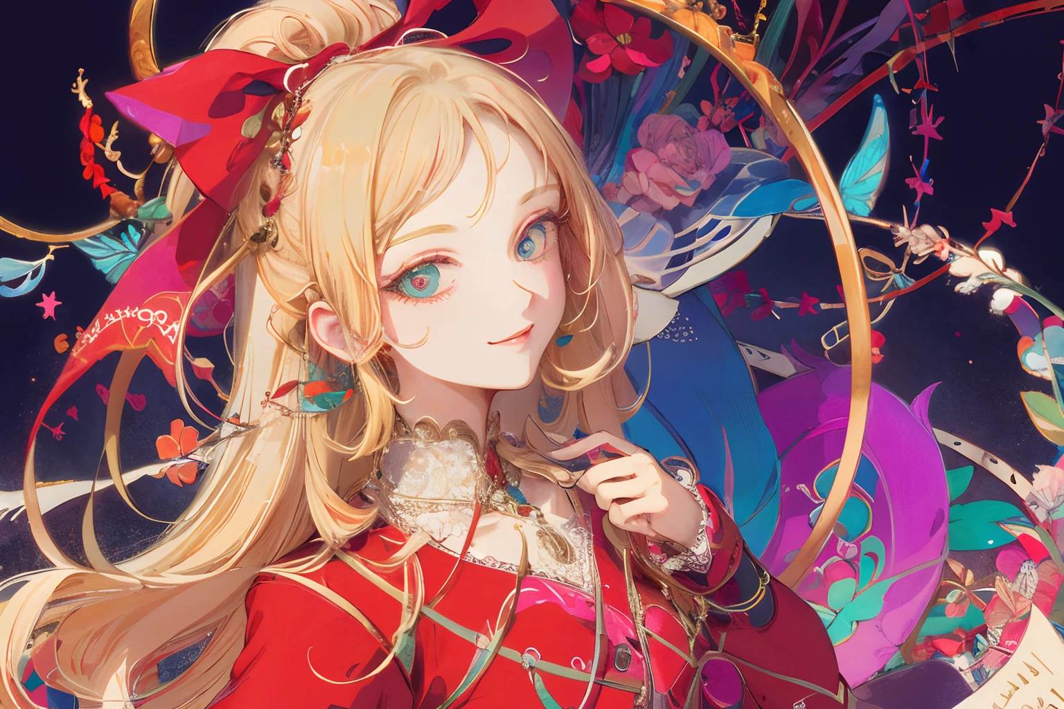masterpiece: 1.7, top-quality、(Highly detailed CG、ultra-detailliert、Best Shadow:1.1)、独奏、Painterly、sketch、Paper texture、alice in the wonderland、Red ribbon on head、Red clothes、超A high resolution、extra detailed face、flat-colors、extra detailed face、extra detailed face、realisitic、limited pallete、Low contrast、The best lighting、Beautuful Women、lite smile、blanche:1.6、(Zentangle、a Mandala、Tangle、Entangle:1)