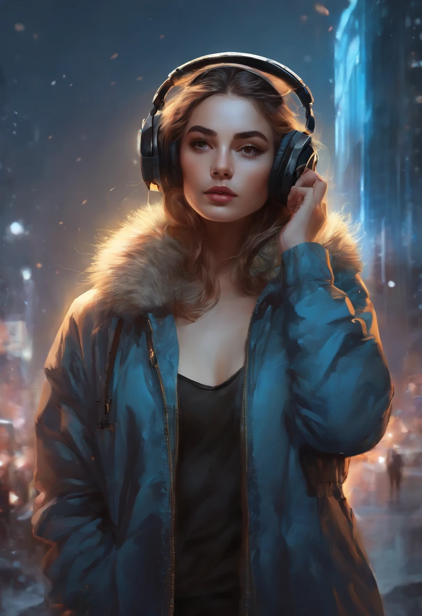 Perfect centering, a cute little cat, Wear a student jacket, Wearing sunglasses, Wearing headphones, Standing position, Abstract beauty, Centered, Looking at the camera, Facing the camera, nearing perfection, Dynamic, Moonlight, Highly detailed, Digital painting, art  stations, concept-art, smooth, Sharp focus, 8K, high definition resolution, illustration, Art by Carne Griffiths and Wadim Kashin, White background