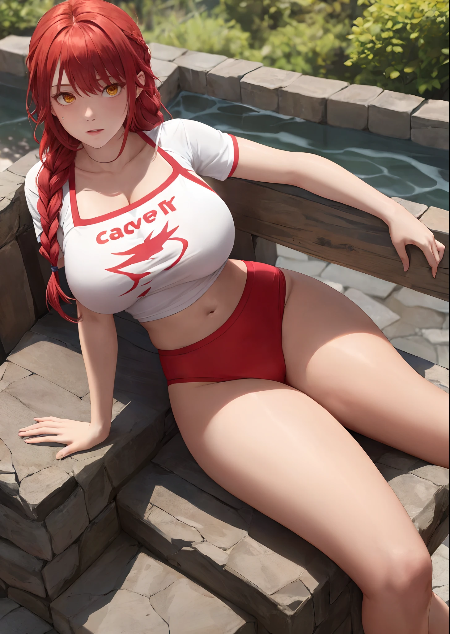 1 girl, red braided hair. cute, yellow eyes, looking at the viewer, pretty, masterpiece, 8k ,wearing little t shirt ,massive breast, massive thighs, seductive look, sexy body.