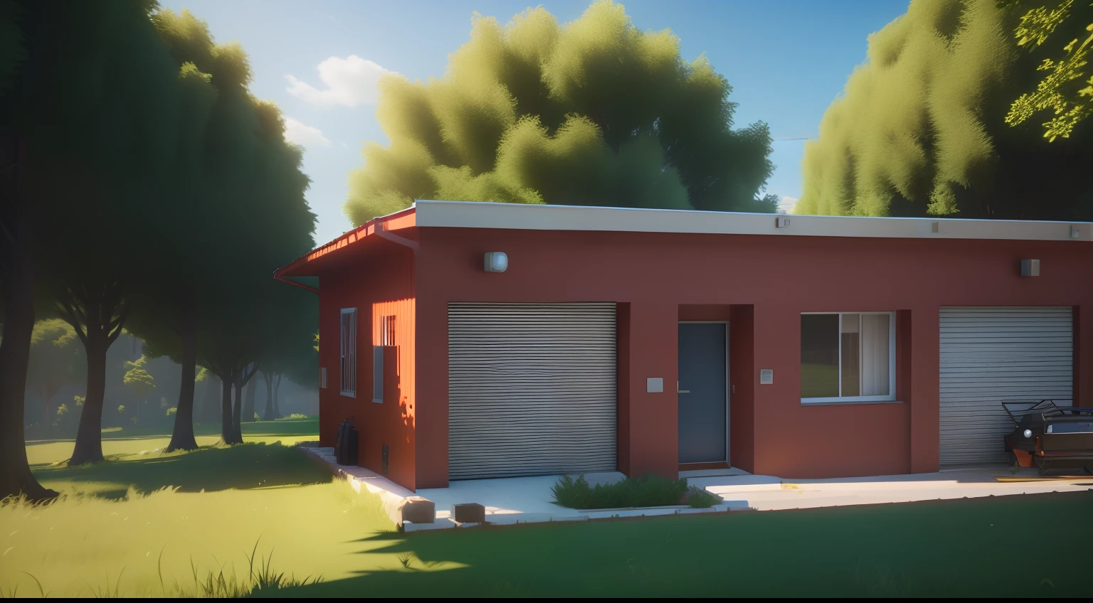 There is a small red building with a garage on the side, renderizado no lumion pro, realista estilo 3d, renderizado em lumion, 3d rendering stylized, semi-realistic rendering, fully detailed render, renderizado em unreal engine 3d, Renderizado em 3 dsmax, renderizado em irreal, stylized as a 3d rendering, estilo fotorrealista