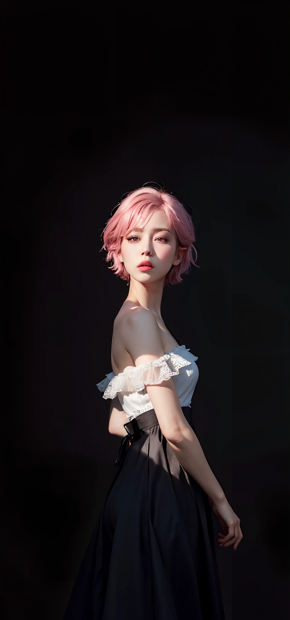 high quality,masterpiece,extremely detailed,high res,4k,ultra high res,detailed shadow,ultra realistic,realistic,dramatic lighting,1girl,solo,detailed face,realistic eyes,realistic skin,pink hair,dynamic pose, dynamic angle, white flowery dress, short hair cut,white background