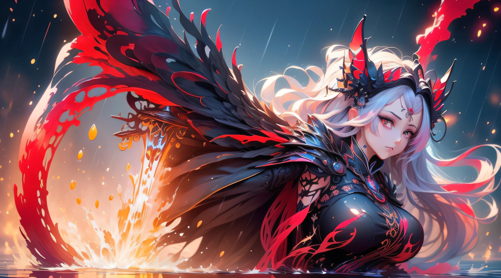 (8k, RAW photo:1.2),best quality, ultra high res,dramatic angle,(fluttered detailed color splashs), (illustration),(((1 girl))),(long hair),(rain:0.9),(hair ornament:1.4),there is an ancient palace beside the girl,chinese clothes,(focus on), color Ink wash painting,(color splashing),colorful splashing,(((colorful))),(sketch:0.8), Masterpiece,best quality, beautifully painted,highly detailed,(denoising:0.6),[splash ink],((ink refraction)), (beautiful detailed sky),moon,highly,detaild,(masterpiece, best quality, extremely detailed CG unity 8k wallpaper,masterpiece, best quality, ultra-detailed),(Lycoris radiata),gigantic breasts
