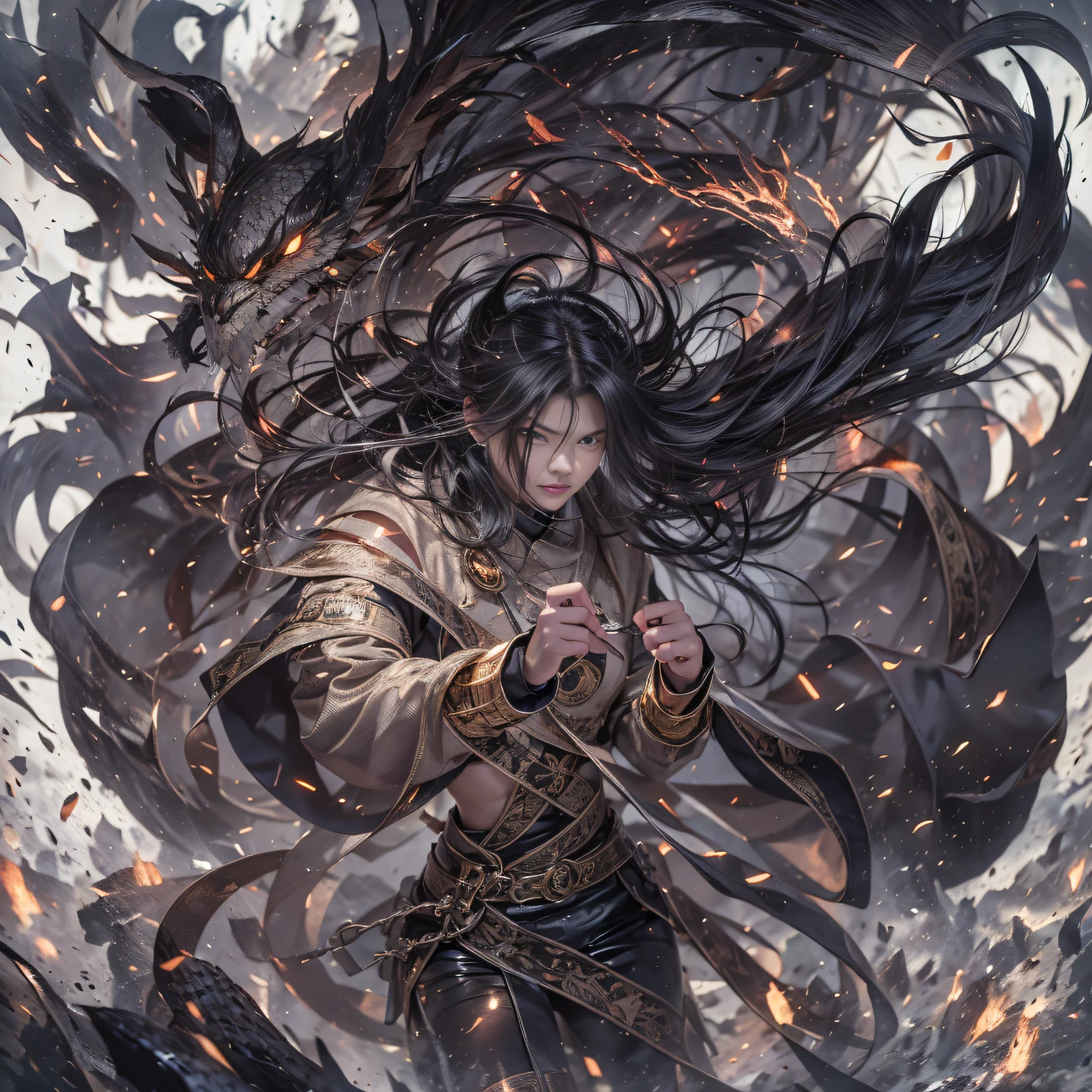(Doomsday ruins)eyes filled with angry,He clenched his fists,Rush up,Deliver a fatal blow to your opponent,full bodyesbian,Full Body Male Mage 32K(tmasterpiece,hyper HD)Long flowing black hair,Campsite size,zydink, a color, The scene of the explosion(Doomsday ruins), (Linen batik scarf), Angry fighting stance, looking at the ground, Batik linen bandana, Chinese python pattern long-sleeved garment, (Abstract propylene splash:1.2), Dark clouds lightning background,Flour flies(realisticlying:1.4),Black color hair,Flour fluttering,Background fog, A high resolution, the detail, RAW photogr, Sharp Re, Nikon D850 Film Stock Photo by Jefferies Lee 4 Kodak Portra 400 Camera F1.6 shots, Rich colors, ultra-realistic vivid textures, Dramatic lighting, Unreal Engine Art Station Trend, cinestir 800,Flowing black hair,(((Male mage))),The male mage was furious,