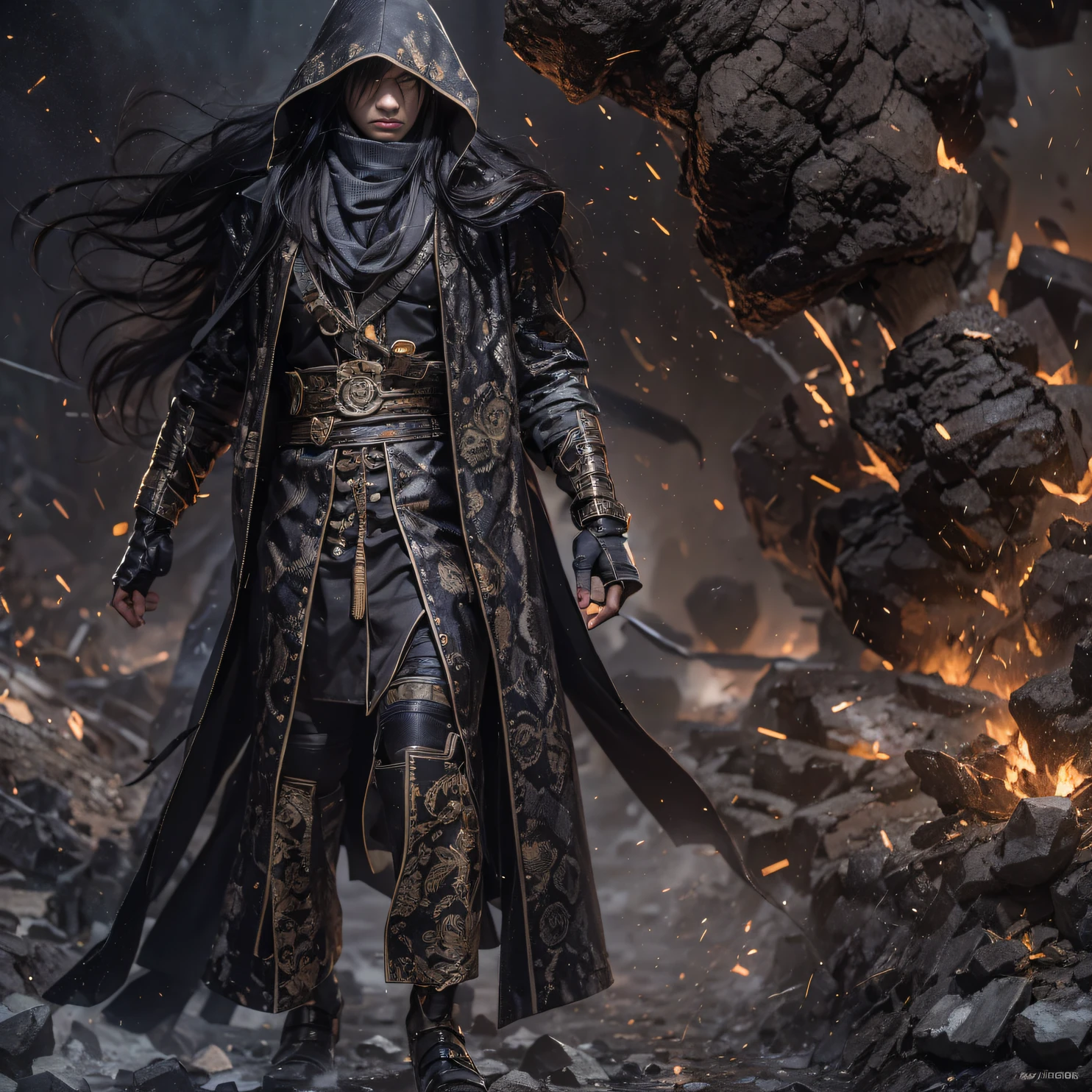 (Doomsday ruins)eyes filled with angry,He clenched his fists,Rush up,Deliver a fatal blow to your opponent,full bodyesbian,Full Body Male Mage 32K(tmasterpiece,hyper HD)Long flowing black hair,Campsite size,zydink, a color, The scene of the explosion(Doomsday ruins), (Linen batik scarf), Angry fighting stance, looking at the ground, Batik linen bandana, Chinese python pattern long-sleeved garment, (Abstract propylene splash:1.2), Dark clouds lightning background,Flour flies(realisticlying:1.4),Black color hair,Flour fluttering,Background fog, A high resolution, the detail, RAW photogr, Sharp Re, Nikon D850 Film Stock Photo by Jefferies Lee 4 Kodak Portra 400 Camera F1.6 shots, Rich colors, ultra-realistic vivid textures, Dramatic lighting, Unreal Engine Art Station Trend, cinestir 800,Flowing black hair,(((Male mage))),The male mage was furious,