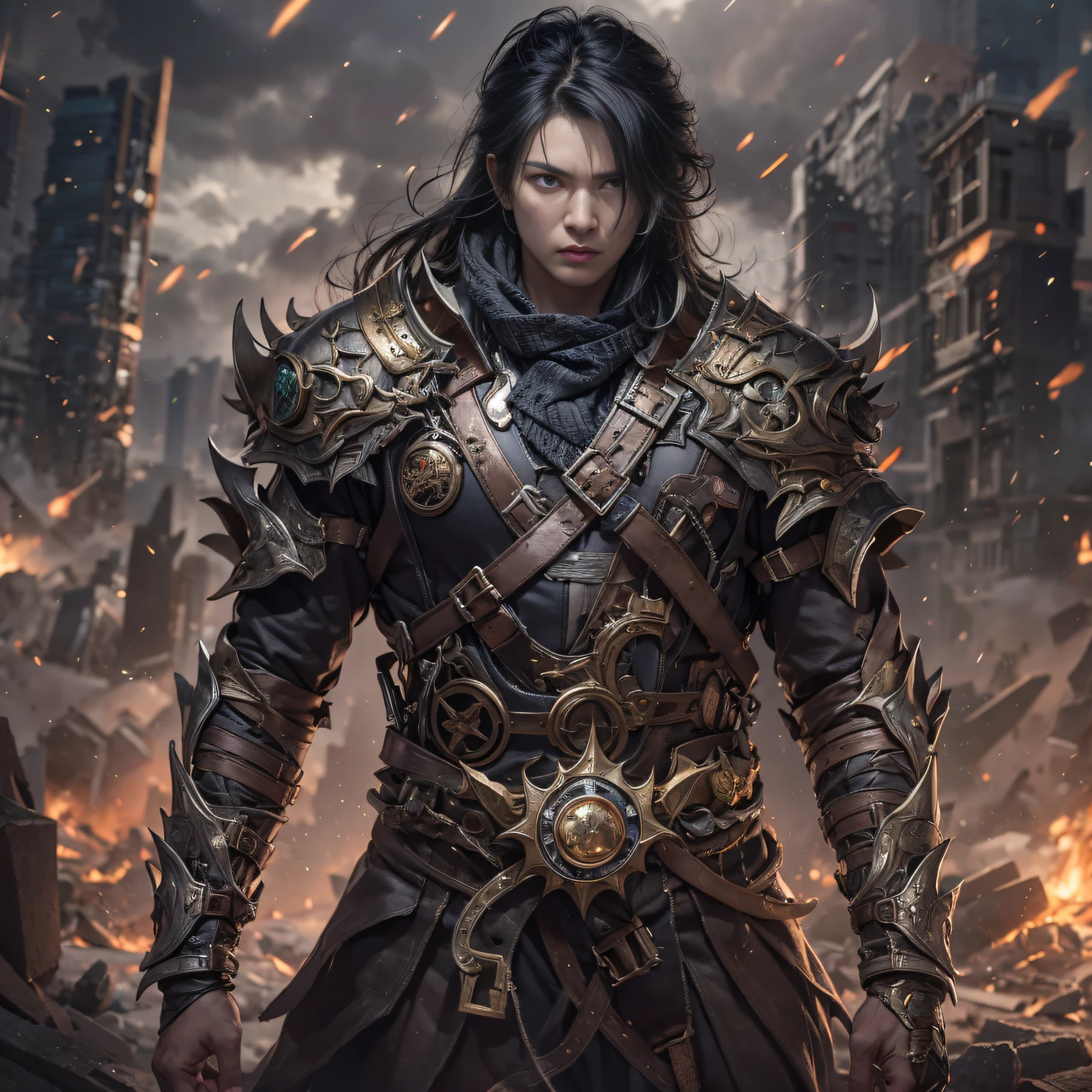 （Doomsday ruins）eyes filled with angry，He clenched his fists，Rush up，Deliver a fatal blow to your opponent，full bodyesbian，Full Body Male Mage 32K（tmasterpiece，hyper HD）Long flowing black hair，Campsite size，zydink， a color， The scene of the explosion（Doomsday ruins）， （Linen batik scarf）， Angry fighting stance， looking at the ground， Batik linen bandana， Chinese python pattern long-sleeved garment， （Abstract propylene splash：1.2）， Dark clouds lightning background，Flour flies（realisticlying：1.4），Black color hair，Flour fluttering，Background fog， A high resolution， the detail， RAW photogr， Sharp Re， Nikon D850 Film Stock Photo by Jefferies Lee 4 Kodak Portra 400 Camera F1.6 shots, Rich colors, ultra-realistic vivid textures, Dramatic lighting, Unreal Engine Art Station Trend, cinestir 800，Flowing black hair,（（（Male mage））），The male mage was furious，
