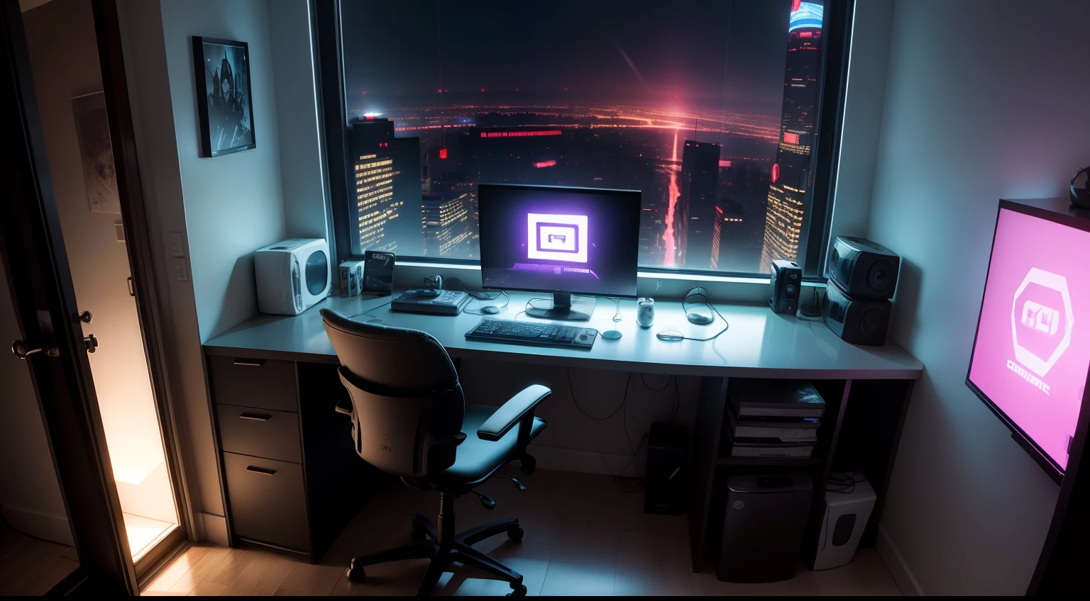 inside in room，E-sports room，Gaming chairs，Computer desk，There was a cell phone on the table，Earphone，Computer，floor to ceiling window，cyberpunk lights，High-rise buildings outside the window，the night