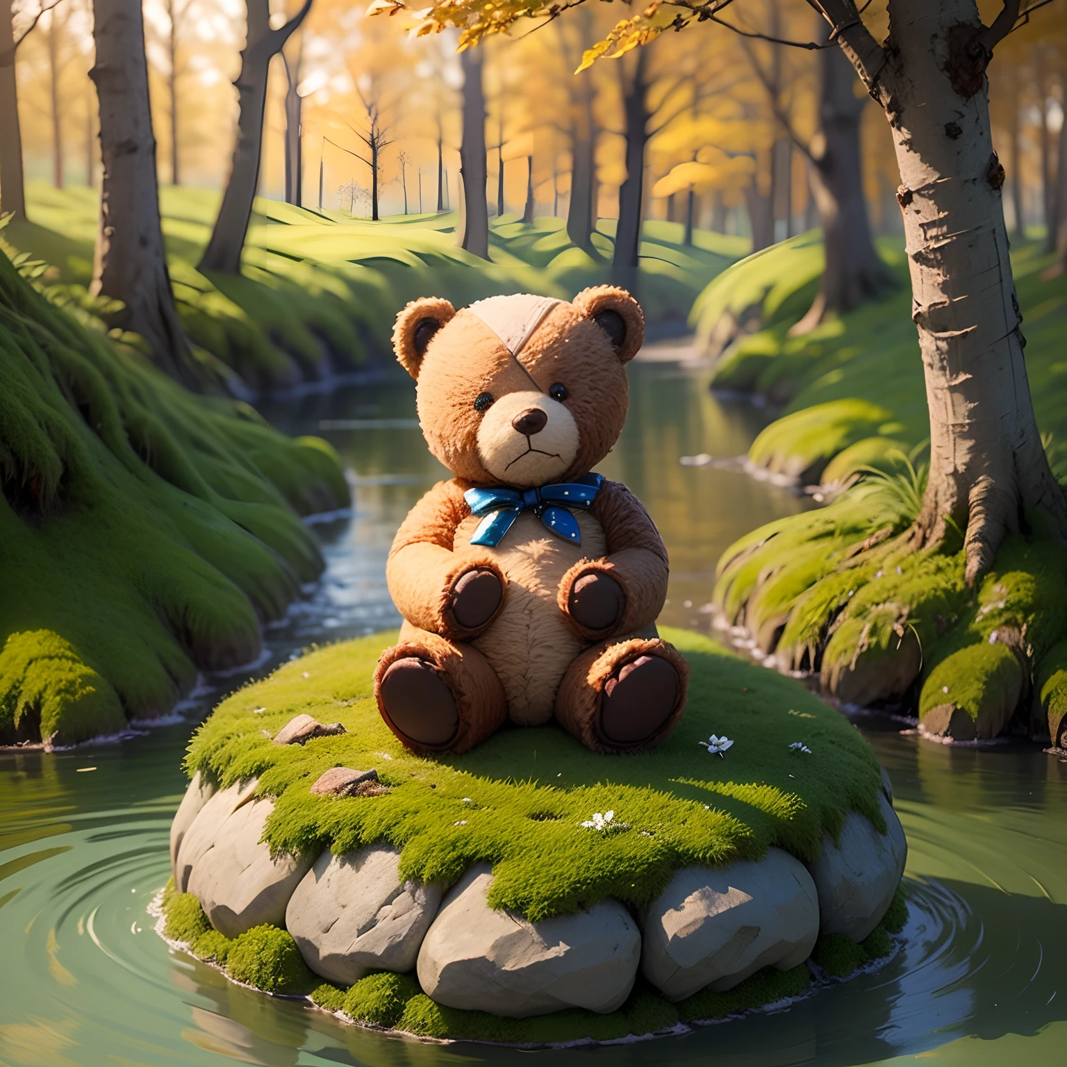 (Miniature Teddy Bear:1.3)、Beige boa fabric、Fairytale autumn forest、Sit on the mossy rocks of the lake、Read the real、独奏、