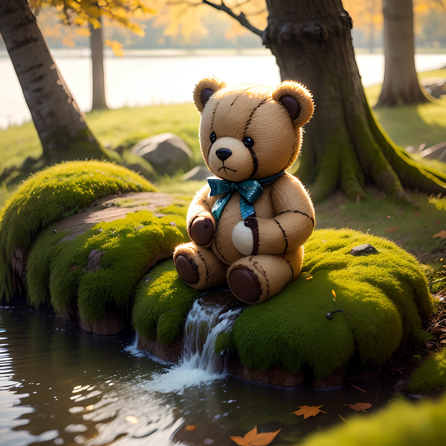 (Miniature Teddy Bear:1.3)、Beige boa fabric、Fairytale autumn forest、Sit on the mossy rocks of the lake、Read the real、独奏、