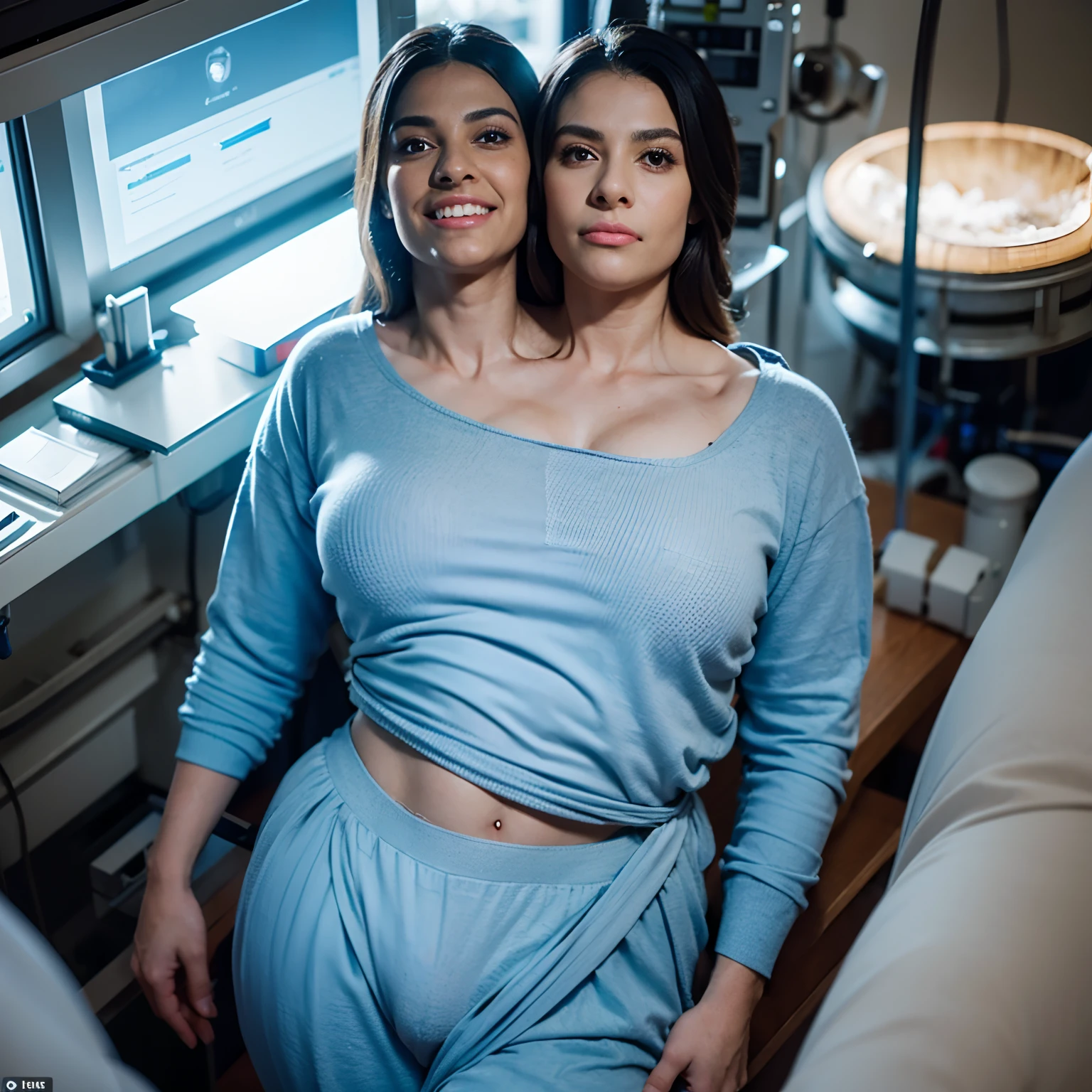 2heads:1.5, 1man, feminine face, long hair, no body hair, no facial hair,brunette, (((2heads))), Canadian, Dominican, 27 years old, on an operating room table, wearing a hospital gown,sweaty, glistening skin,  wide hips, tiny waist, perky breasts,male genitalia  , (big bulge:1.5), smiling,very detailed and realistic skin with some body hair on arms, looking at the viewer, bright lighting,, shot from above