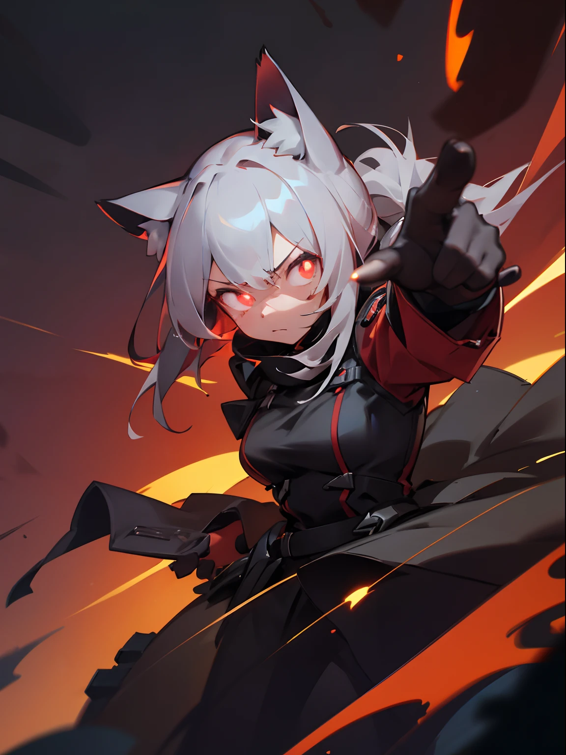 1 girl, 8k, artstation, ((masterpiece)), depth of field, face portrait, (cat ears), very shadowy, ((glowing red eyes)), darkness, nighttime, very dark, emerging from darkness, angry expression, 1 arm reaching forwards, ((action shot)), cinematic, gloves, trench coat, distant explosions