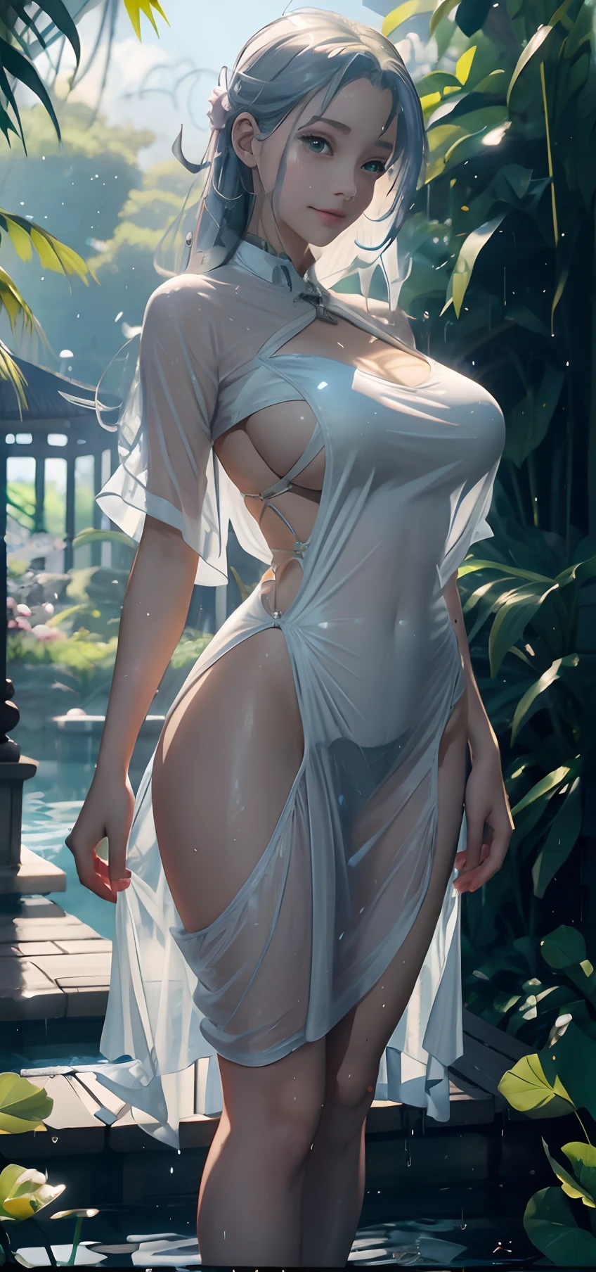 anime girl in sheery dress posing in a garden, wet swimsuit, ross tran 8 k, ross tran. scenic background, rossdraws 1. 0, wlop art, wlop rossdraws, ross tran style, rossdraws global illumination, by Victor Wang, wlop and ross tran, in the style of ross tran, beautiful alluring anime woman, by Raymond Han