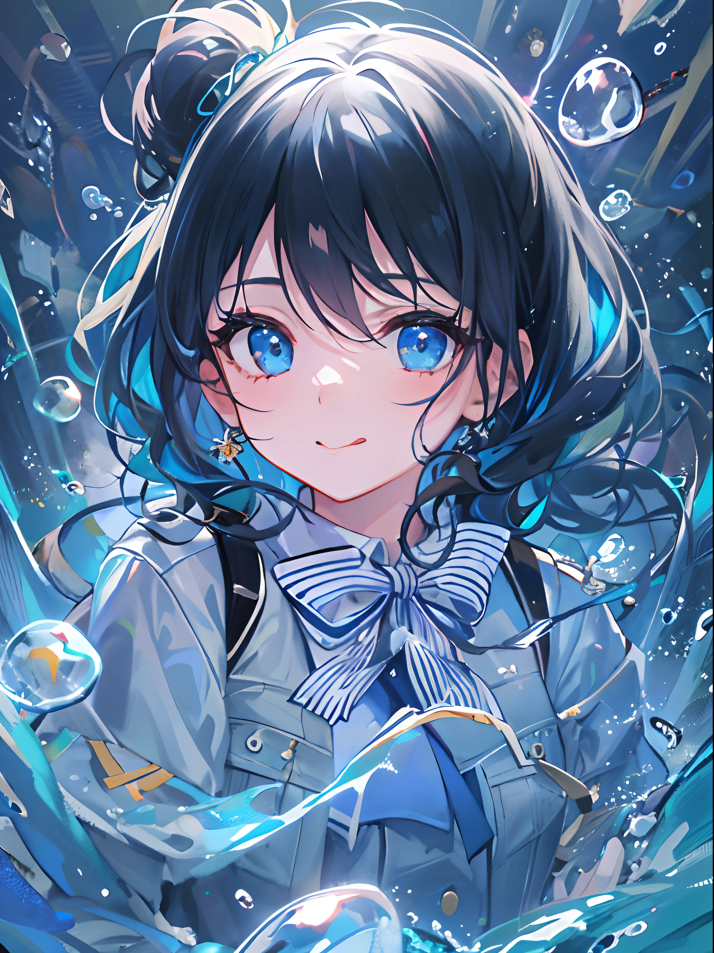 ((top-quality)), ((​masterpiece)), ((ultra-detailliert)), (extremely delicate and beautiful), girl with, 独奏, cold attitude,((Black jacket)),She is very(relax)with  the(Settled down)Looks,A dark-haired, depth of fields,evil smile,Bubble, under the water, Air bubble,bright light blue eyes,Inner color with black hair and light blue tips,Cold background,Bob Hair - Linear Art, a miniskirt、knee high socks、White uniform like school uniform、Light blue ribbon ties、Clothes are sheer、Hands in pockets、Ponytail hair, Bright eyes like sapphires, flourescent blue, stick out tongue