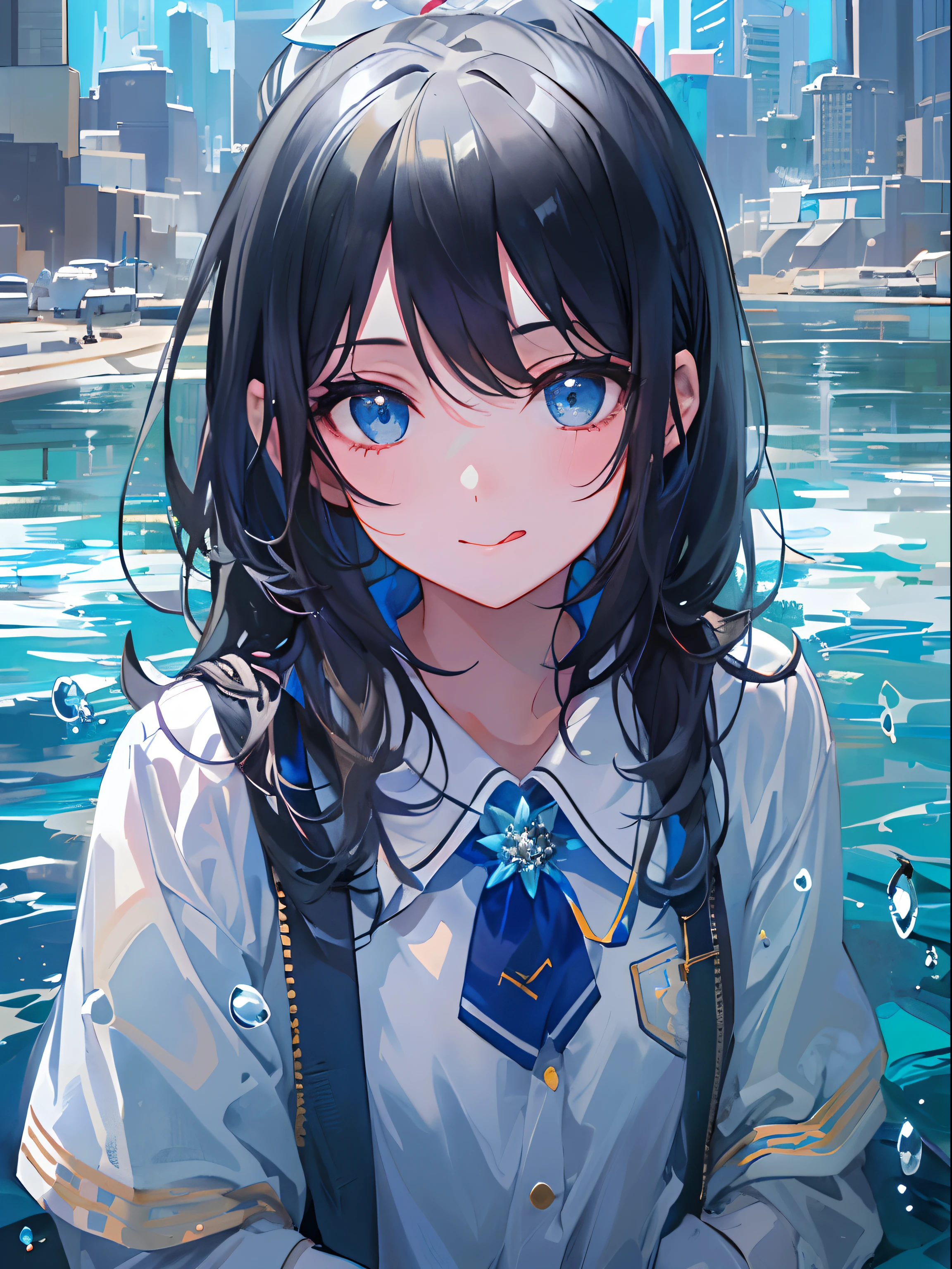 ((top-quality)), ((​masterpiece)), ((ultra-detailliert)), (extremely delicate and beautiful), girl with, 独奏, cold attitude,((Black jacket)),She is very(relax)with  the(Settled down)Looks,A dark-haired, depth of fields,evil smile,Bubble, under the water, Air bubble,bright light blue eyes,Inner color with black hair and light blue tips,Cold background,Bob Hair - Linear Art, a miniskirt、knee high socks、White uniform like school uniform、Light blue ribbon ties、Clothes are sheer、Hands in pockets、Ponytail hair, Bright eyes like sapphires, flourescent blue, stick out tongue