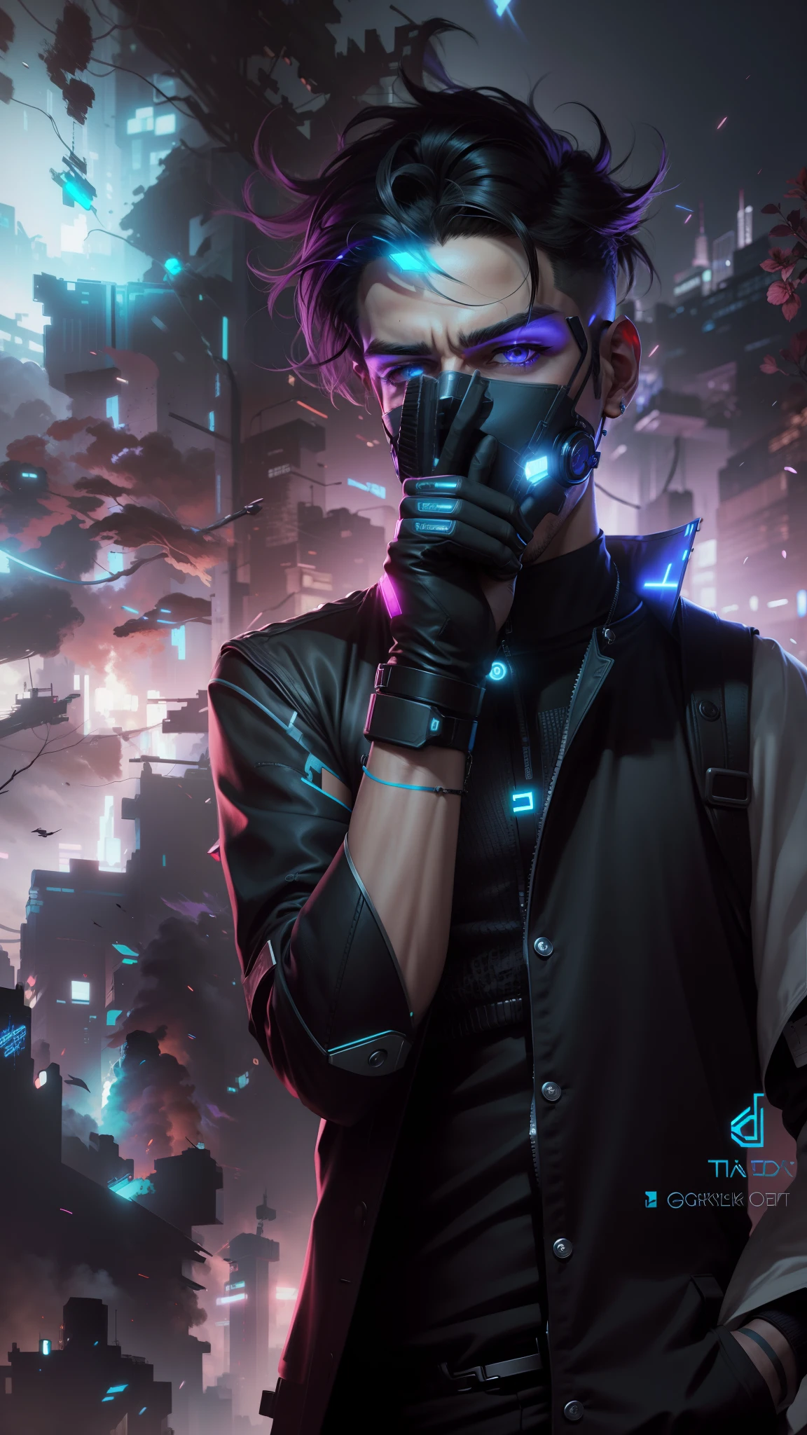 A hacker in a joker mask with a punk tech theme with a futuristic gaming laptop on top of his lap on the edge of a balcony on the top floor of an abandoned building all graffiti overlooking a futuristic city at night looking at society down with the angle in third person so that with a view of the streets