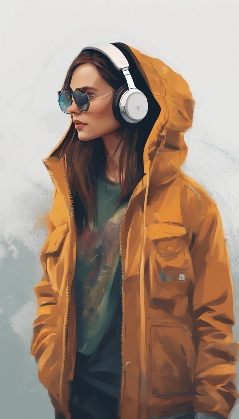 Perfect centering, a cute little cat, Wear a student jacket, Wearing sunglasses, Wearing headphones, Standing position, Abstract beauty, Centered, Looking at the camera, Facing the camera, nearing perfection, Dynamic, Moonlight, Highly detailed, Digital painting, art  stations, concept-art, smooth, Sharp focus, 8K, high definition resolution, illustration, Art by Carne Griffiths and Wadim Kashin, White background