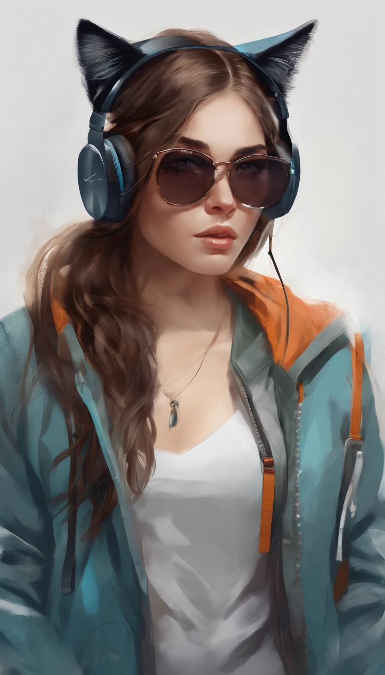 Perfect centering, a cute little cat, Wear a student jacket, Wearing sunglasses, Wearing headphones, Standing position, Abstract beauty, Centered, Looking at the camera, Facing the camera, nearing perfection, Dynamic, Moonlight, Highly detailed, Digital painting, art stations, concept-art, smooth, Sharp focus, 8K, high definition resolution, illustration, Art by Carne Griffiths and Wadim Kashin, White background