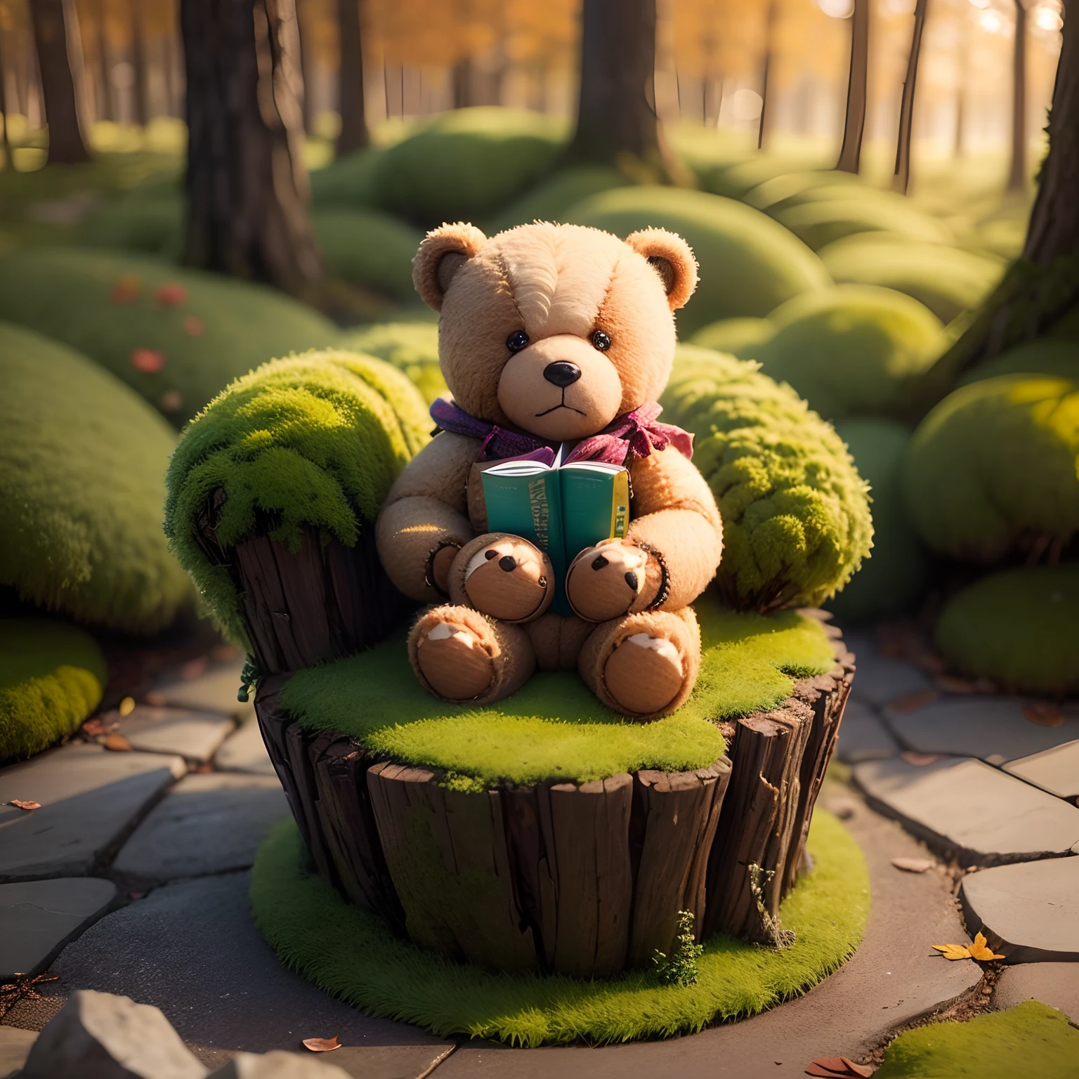 (Miniature Teddy Bear:1.3)、Beige boa fabric、Fairytale autumn forest、Sit on the mossy rocks of the lake、read a book、Blue butterfly、独奏、