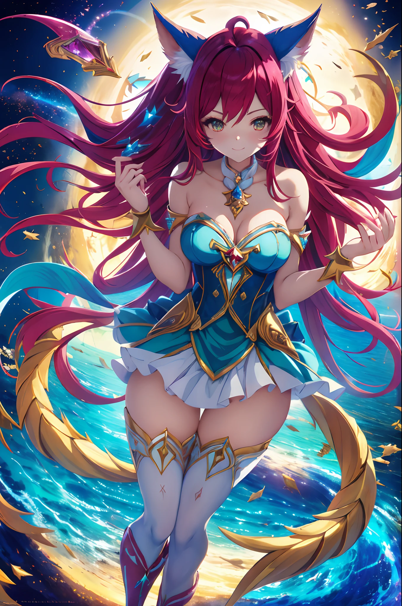 (master part, best quality:1.2), detalhes intrincados, Guardian Star Ahri, 1girl, orelhas de animais, ornamento de cabelo, Mangas em destaque, bareshoulders, Saia, magical girl, Multiple Tails, Spectral Burning Hairs, sorriso leve