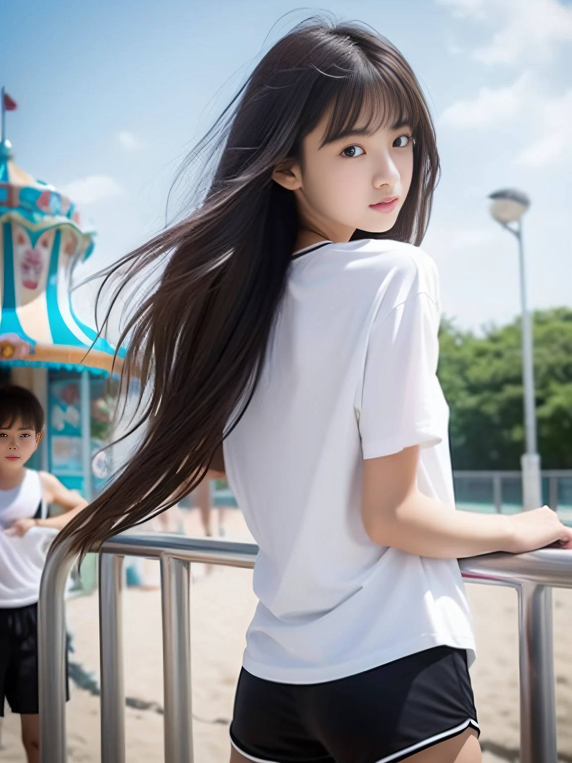 Looks Back，年轻，beach shorts，Long T-shirt，teens girl，Delicate body，petite body，Delicate body，small tits，tiny chest，A dark-haired，Very Longhair，An amusement park