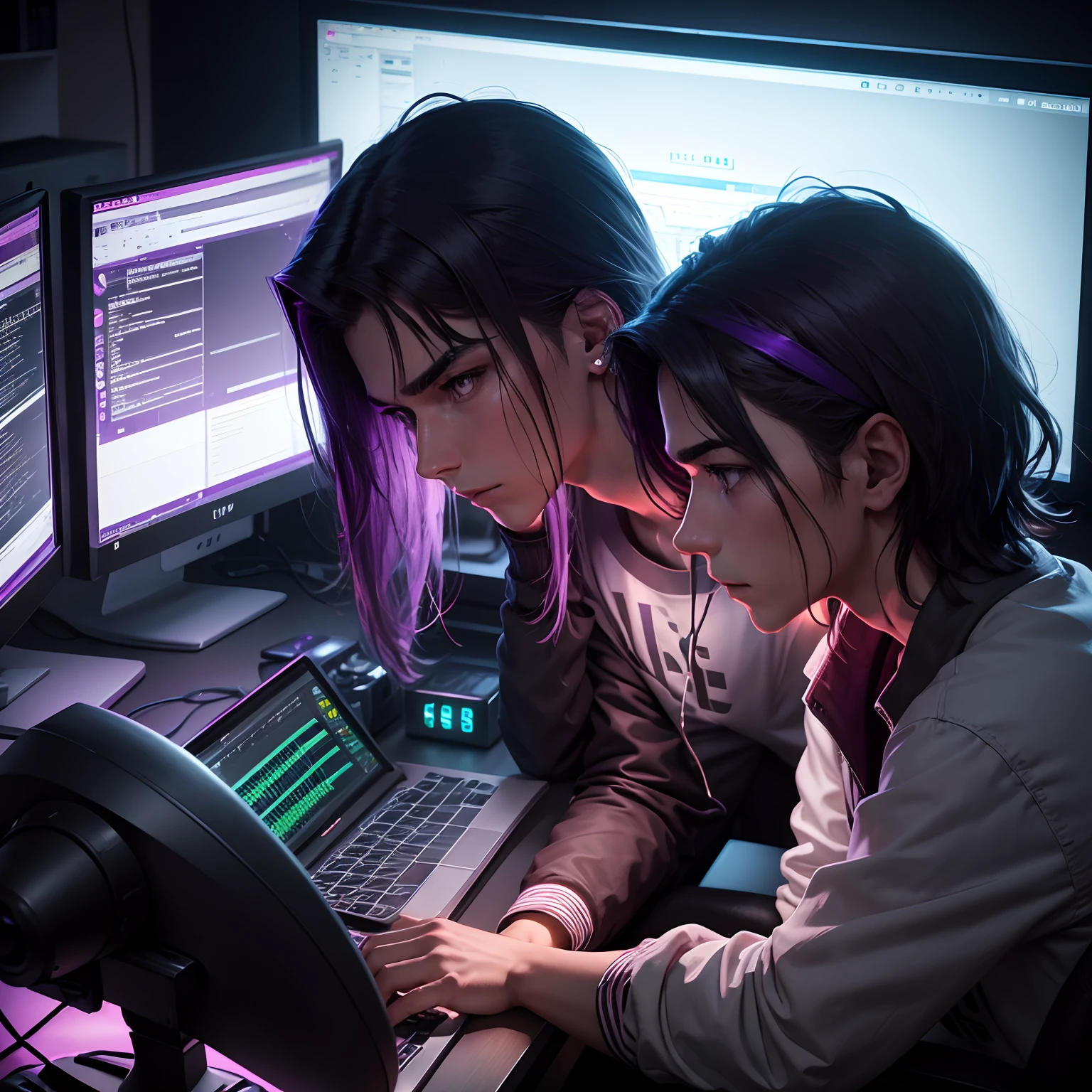 Young guy at the computer, serious expression, A glance at the monitor, Shoulder-length loose hair, A small room, windowless, Artificial Purple Lighting, LED Strip Light, Backlit keyboard, gaming chair, Mysterious atmosphere, programming, Codes on your computer, warm tone, View from the side