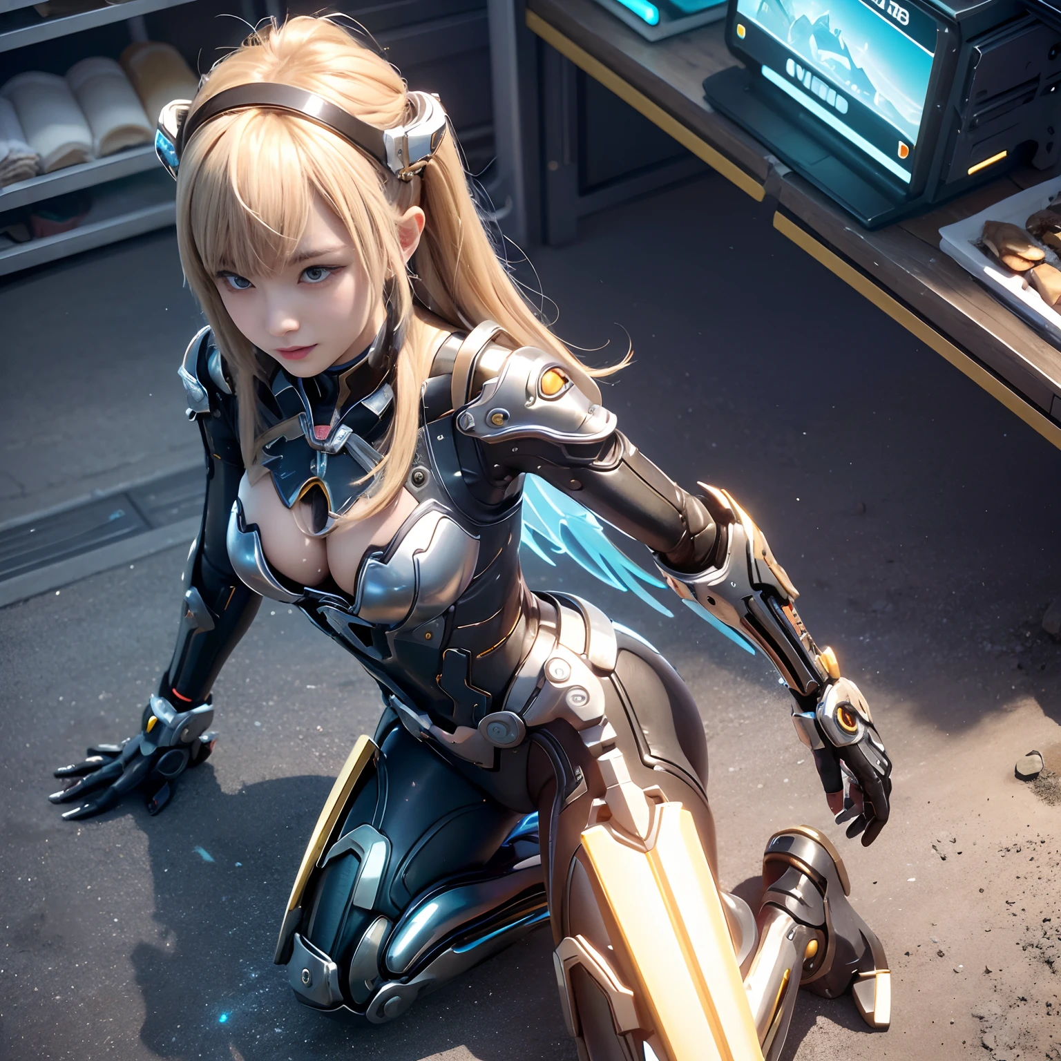 (best quality,ultra-detailed,super-detailed:1.2),1 girl,(mechanical wings:golden and shining feathers,blue glowing eyes:1.2,golden armor:0.8), long and slender ears,(cyberpunk city:1.5,weapon:energy blade),(fantasy landscape:1.2,natural lighting:1.5,self-expression),(panorama:1.2),mechanism,shy smile,your perspective,angelic creature,both wings,chrome-plated,natural