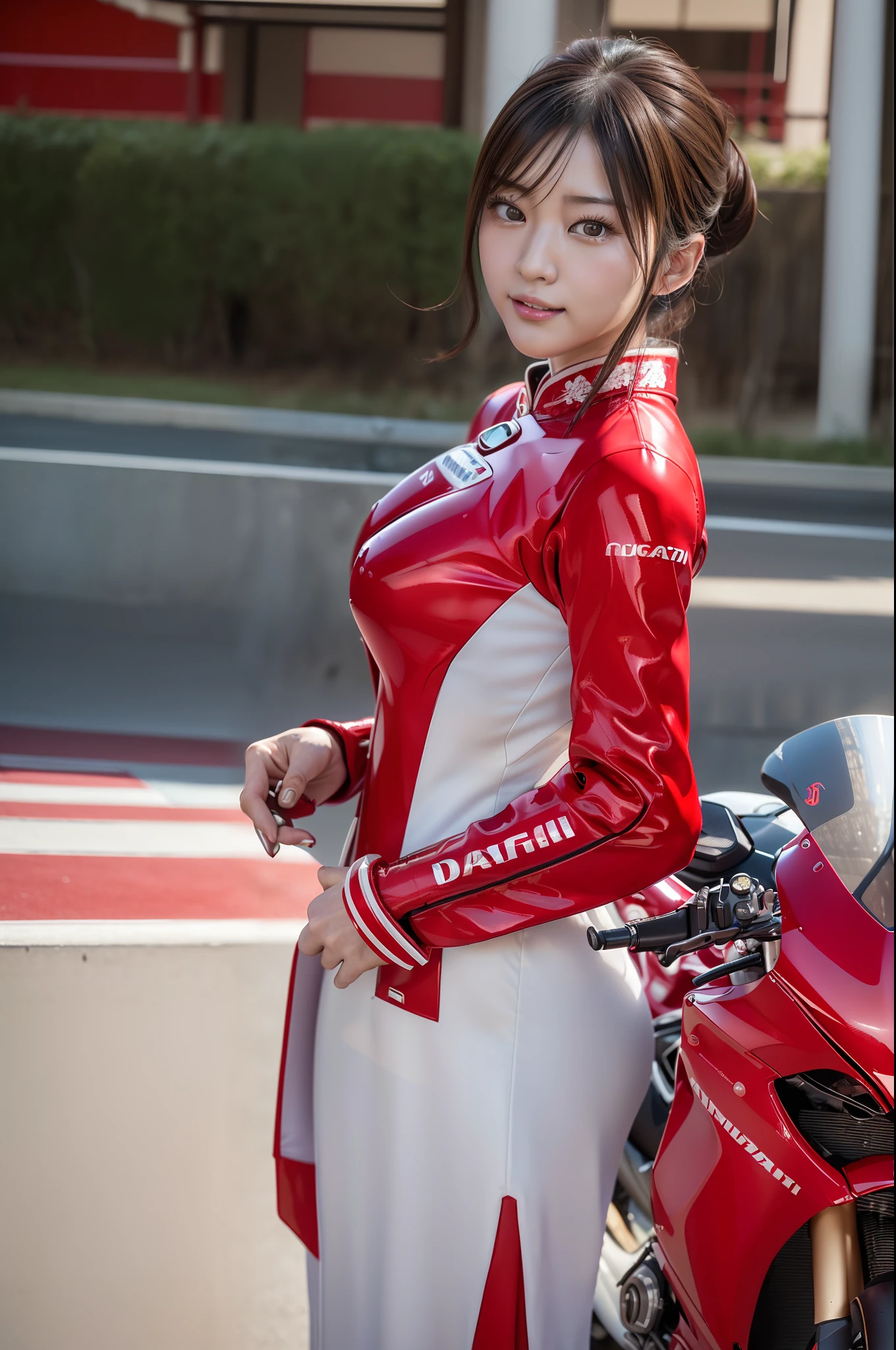 ((photographrealistic)), (realistic), (best quality), (masterpiece), (ultra high definition), ray tracing, ((one Japanese female wearing aodai)), ((one DUCATI Panigale v2 in front of the female)), high definition face, high definition finger, high definition costume, closed mouth, smile, upper body