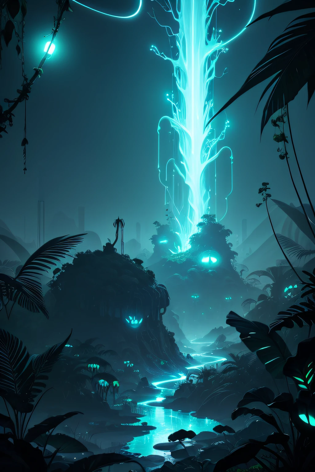 Dangerous alien jungle with bioluminescence